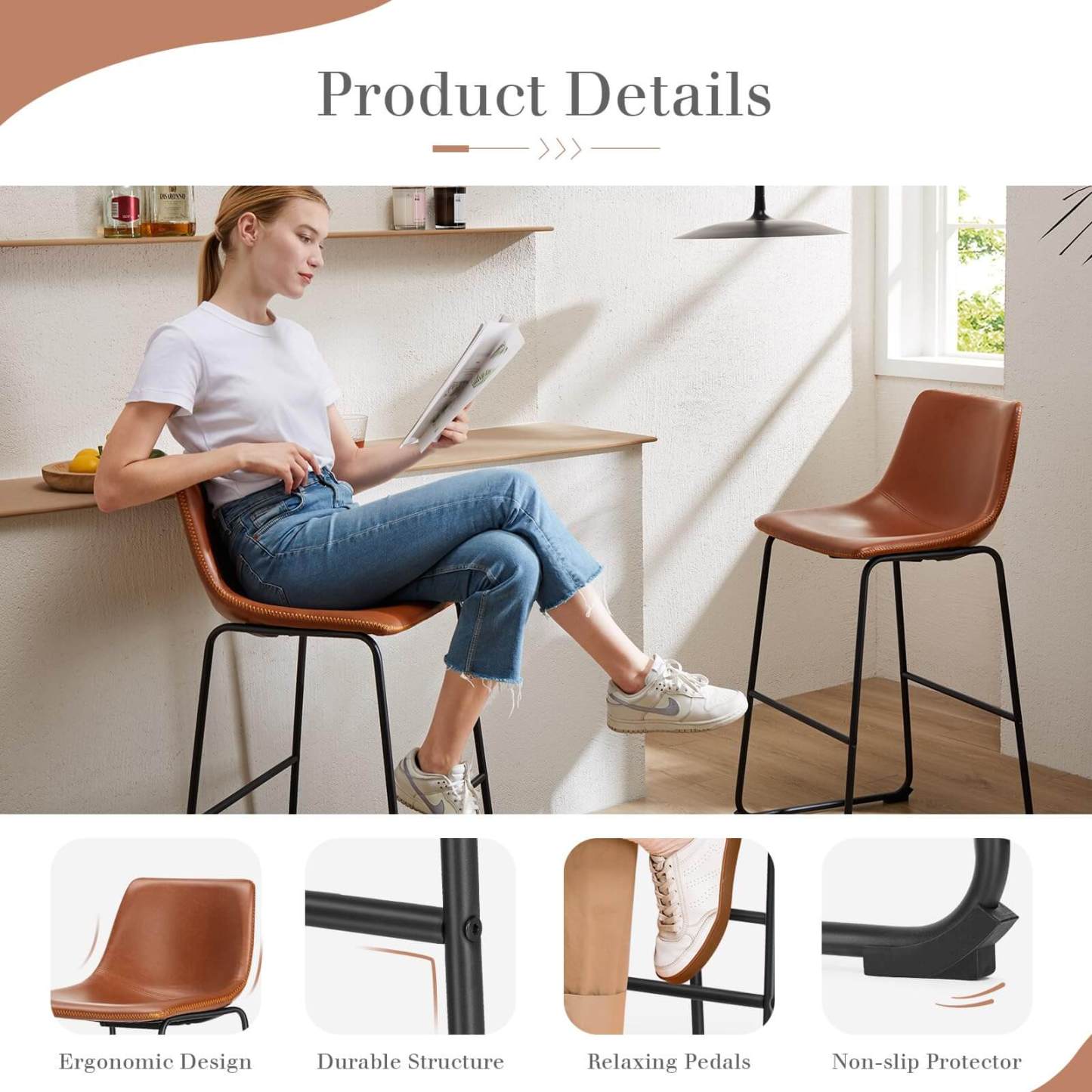 31 inch Armless Industrial Faux Leather Barstools with Metal Legs and Footrest, Dining Chairs for Home Office Kitchen Island--kitchen & Dining,Office chair