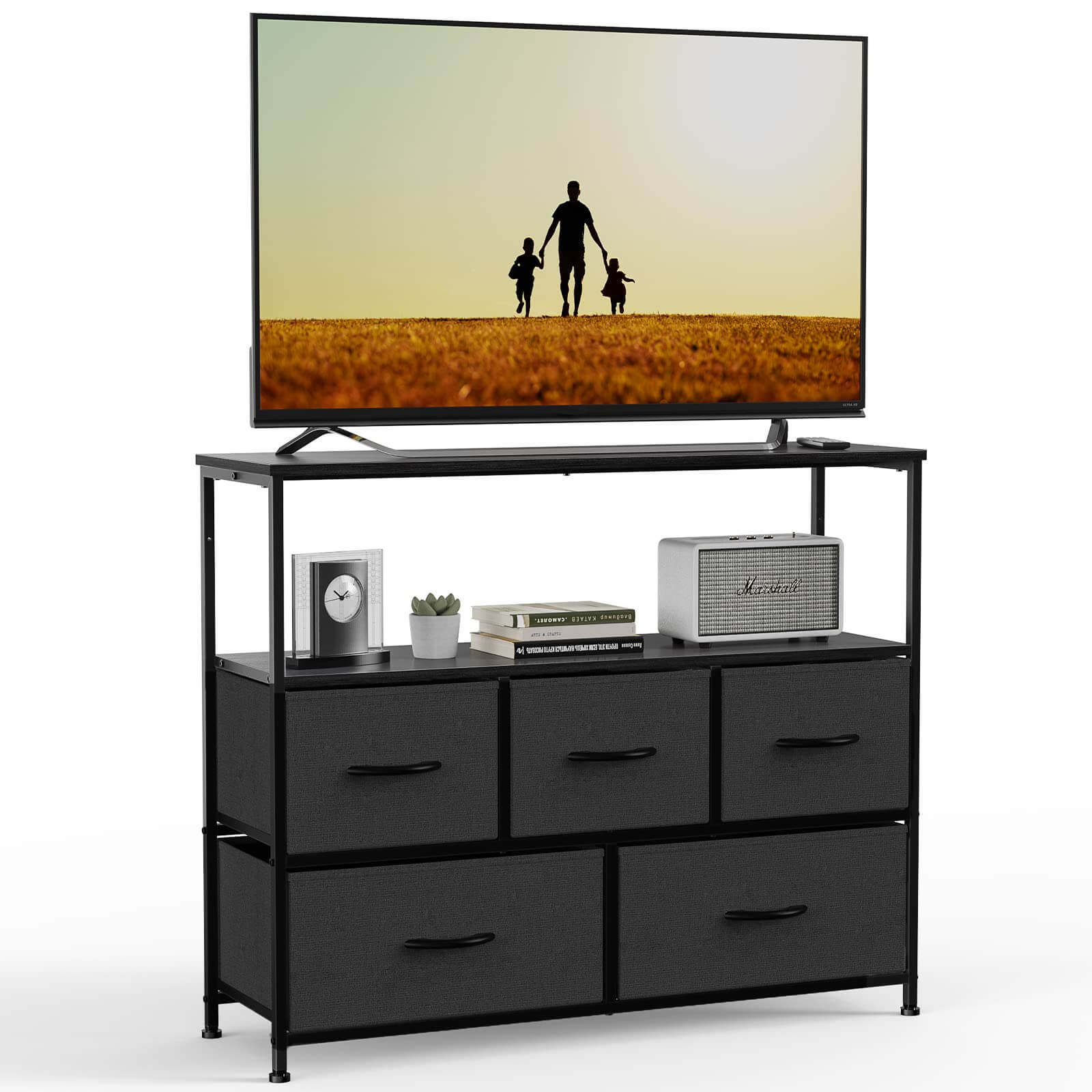 38 in Open Storage Shelf TV Stand with 5 Fabric Drawers for Bedroom/Living Room/Hallway--Living Room,Living Room Cabinet,New Arrivals