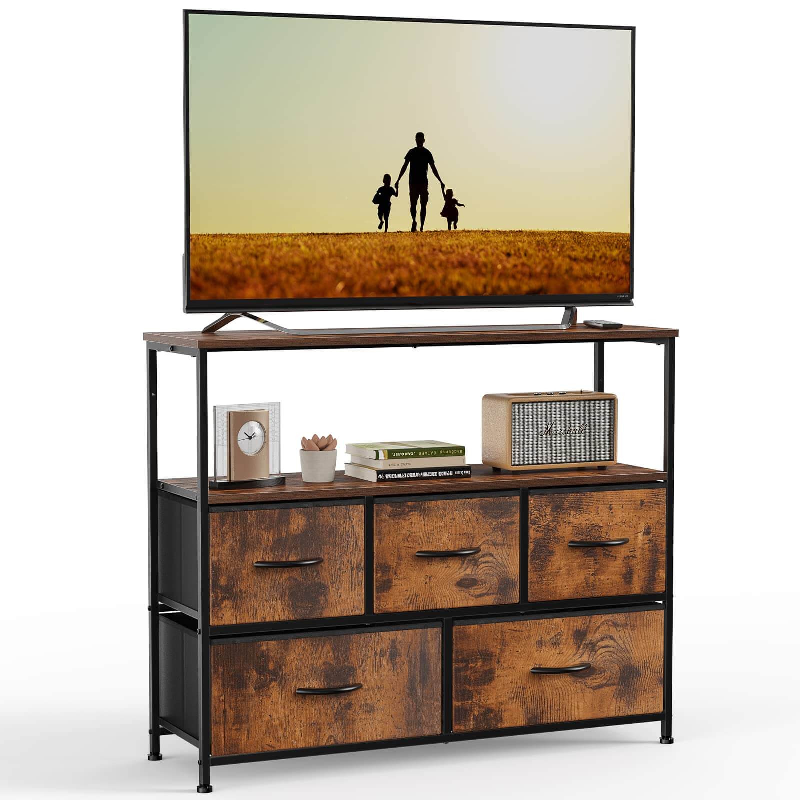 38 in Open Storage Shelf TV Stand with 5 Fabric Drawers for Bedroom/Living Room/Hallway--Living Room,Living Room Cabinet,New Arrivals