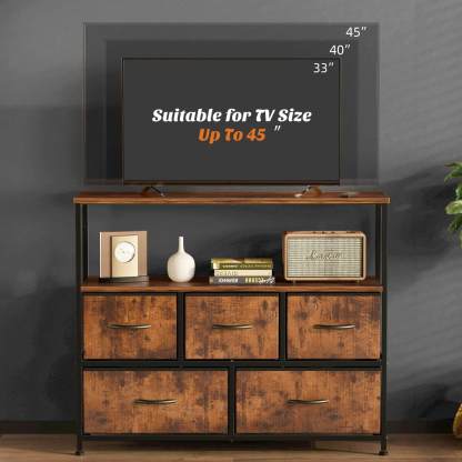 38 in Open Storage Shelf TV Stand with 5 Fabric Drawers for Bedroom/Living Room/Hallway--Living Room,Living Room Cabinet,New Arrivals
