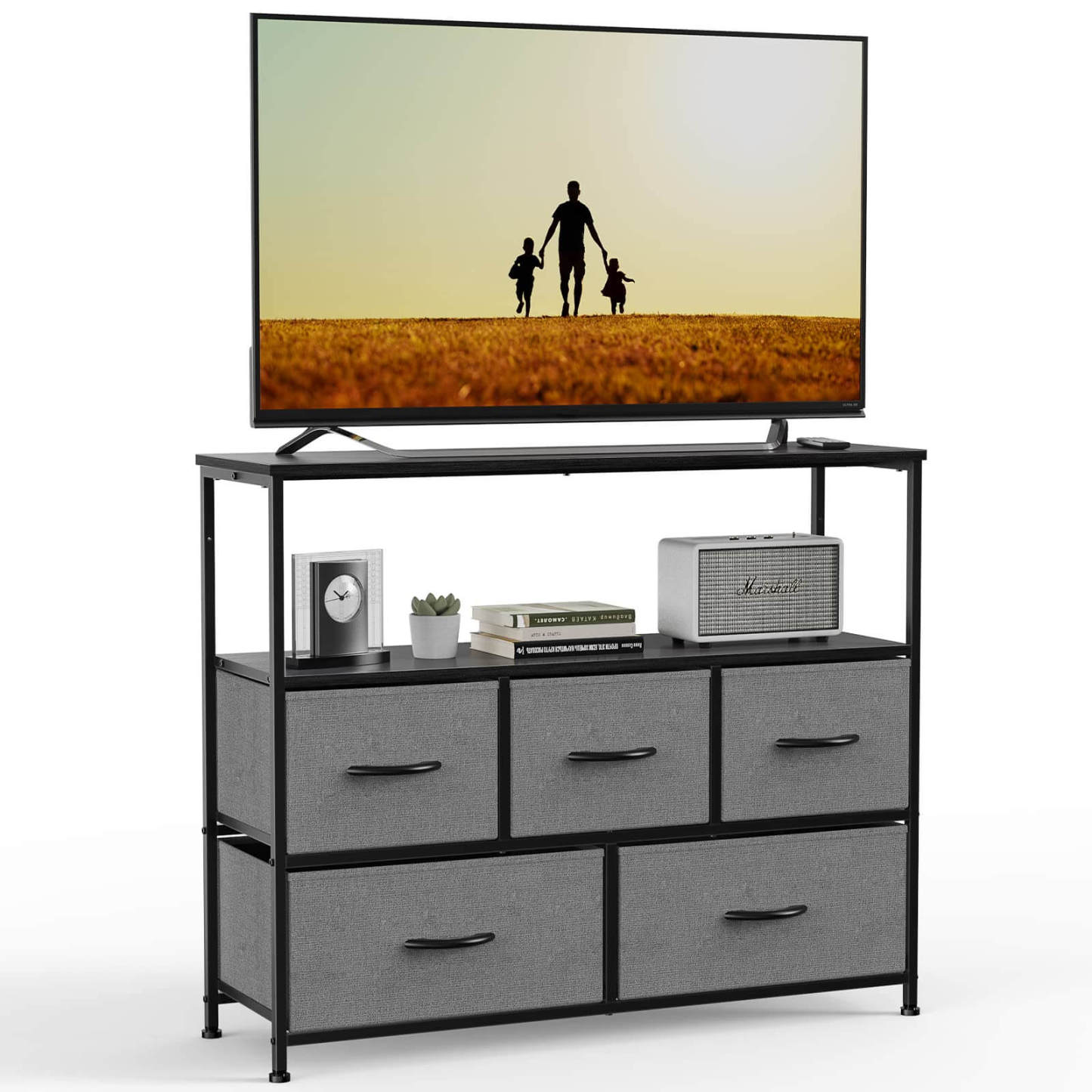 38 in Open Storage Shelf TV Stand with 5 Fabric Drawers for Bedroom/Living Room/Hallway--Living Room,Living Room Cabinet,New Arrivals