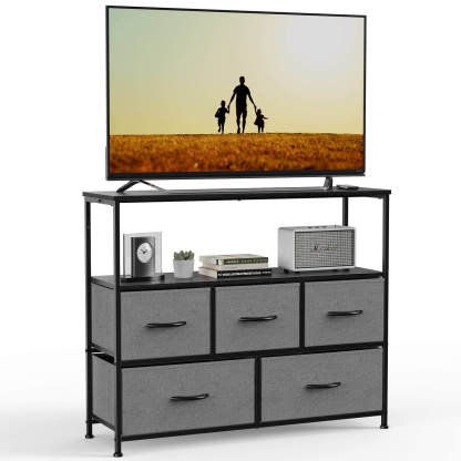 38 in Open Storage Shelf TV Stand with 5 Fabric Drawers for Bedroom/Living Room/Hallway--Living Room,Living Room Cabinet,New Arrivals