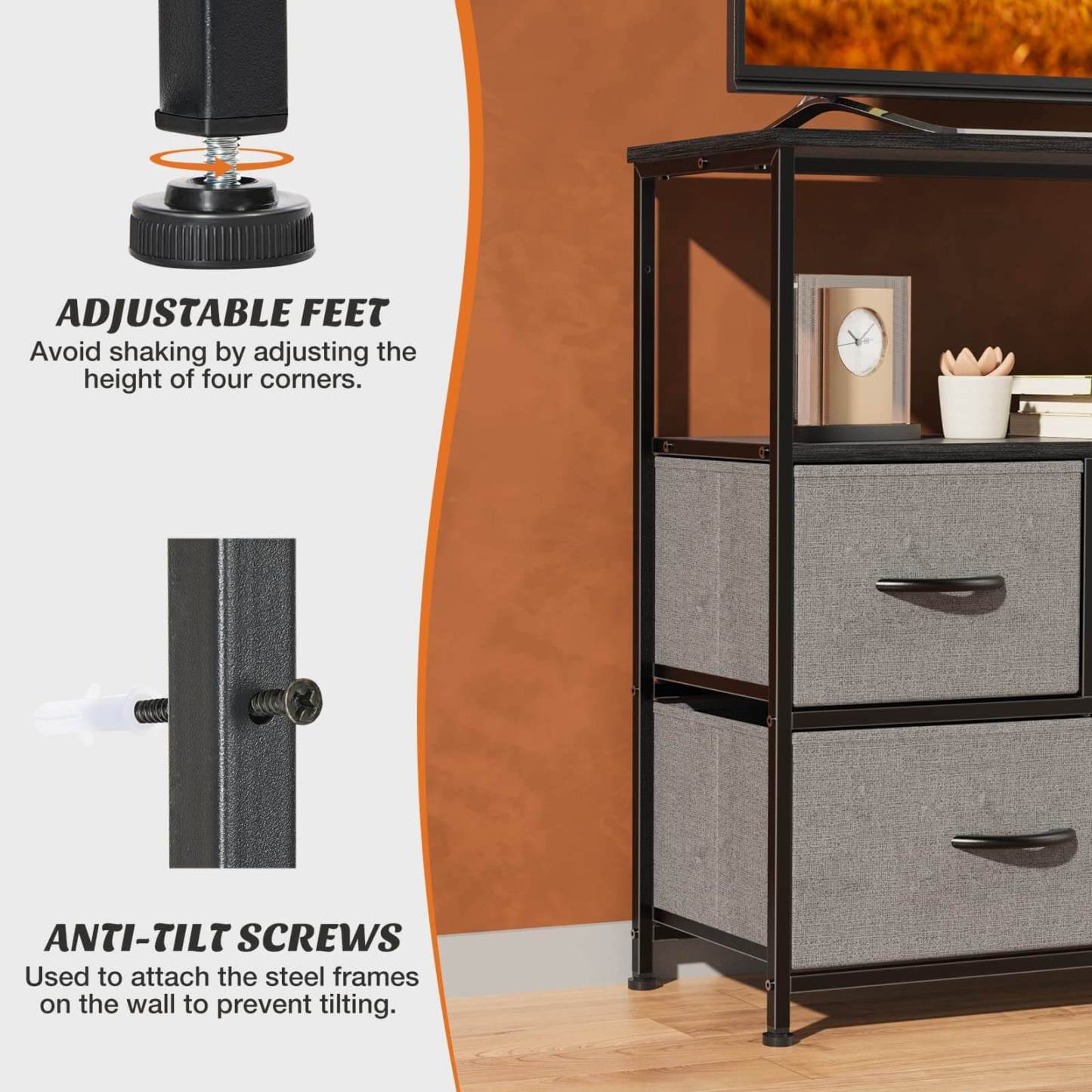 38 in Open Storage Shelf TV Stand with 5 Fabric Drawers for Bedroom/Living Room/Hallway--Living Room,Living Room Cabinet,New Arrivals