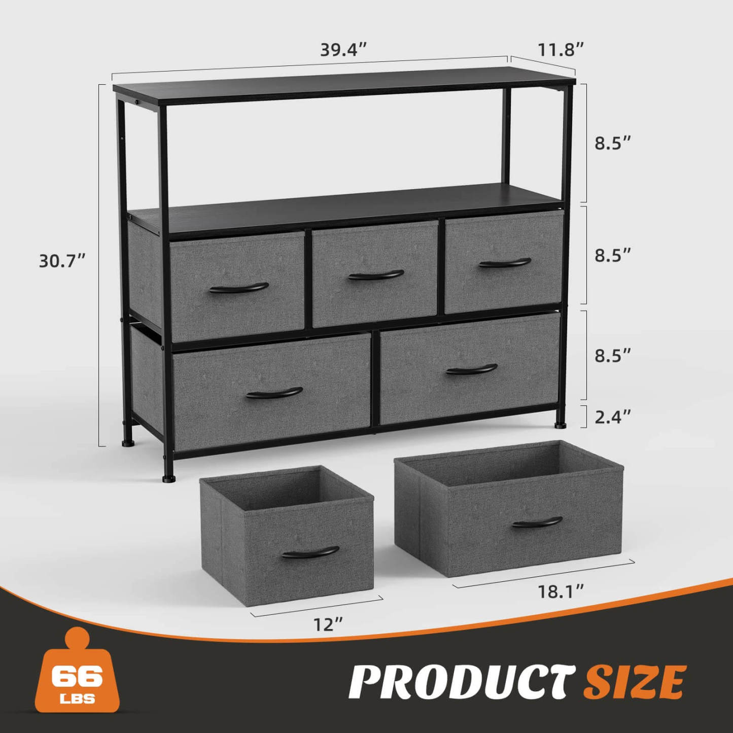 38 in Open Storage Shelf TV Stand with 5 Fabric Drawers for Bedroom/Living Room/Hallway--Living Room,Living Room Cabinet,New Arrivals