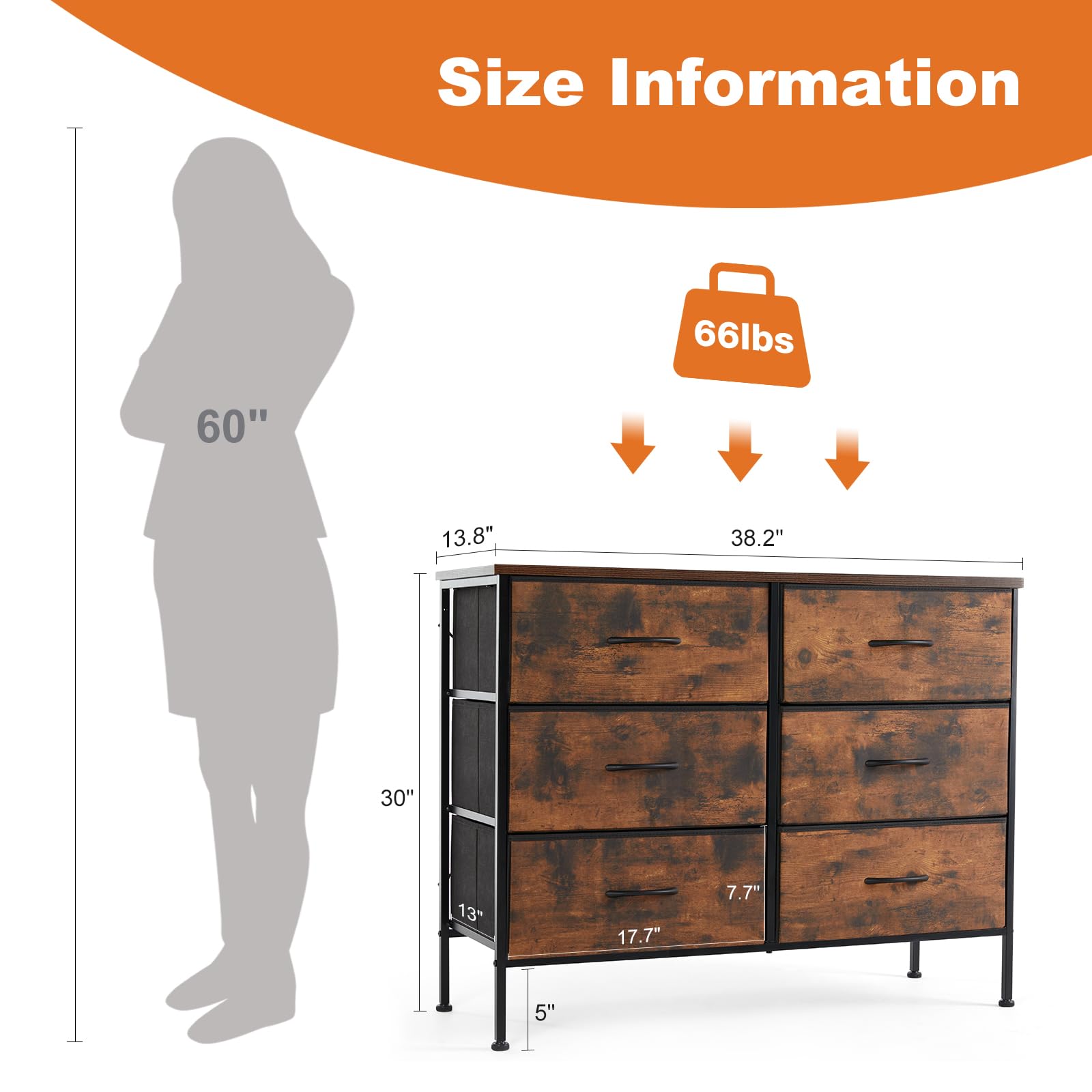 Dresser TV Stand, Console Table with 6 Wide Drawers, Entertainment Center for 55" TV Storage Fabric Dresser Drawer--Best Sellers,Bedroom,Bedroom Cabinet,Living Room,Living Room Cabinet