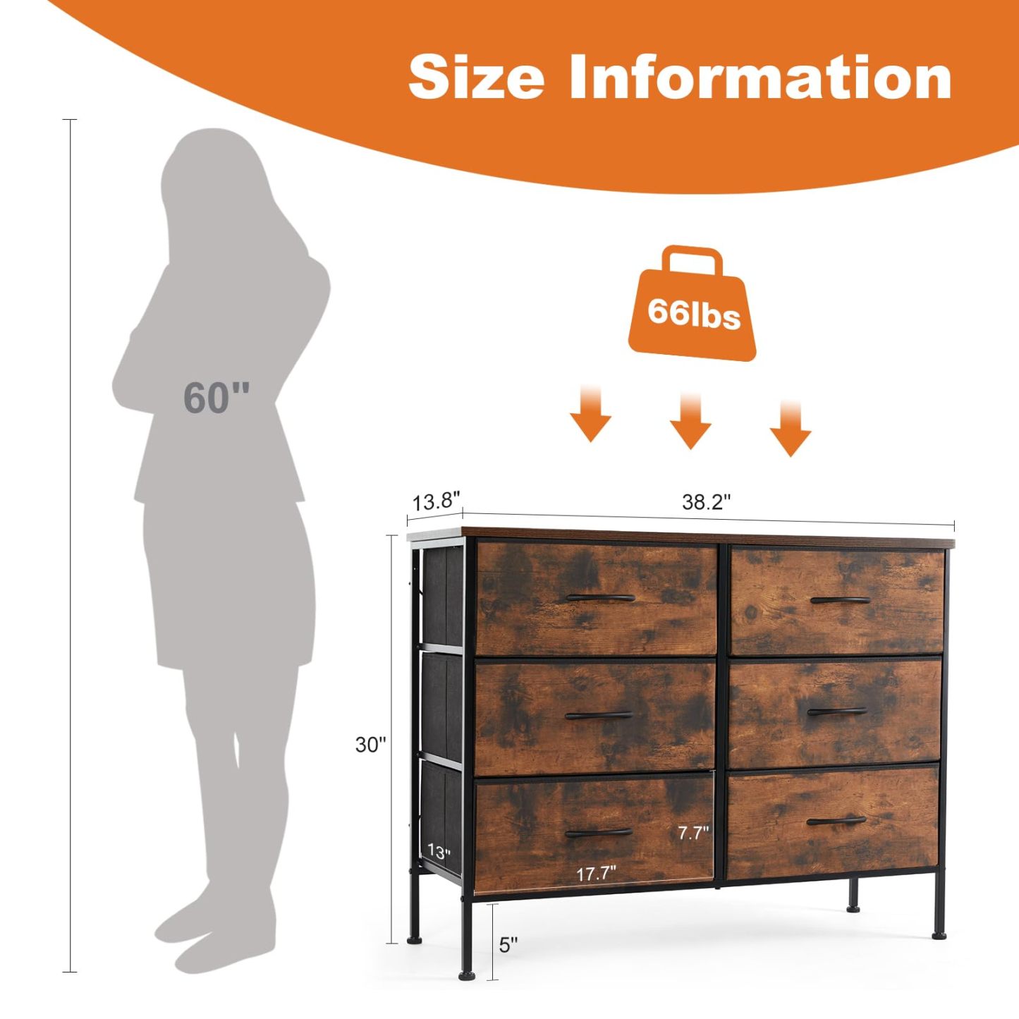 Dresser TV Stand, Console Table with 6 Wide Drawers, Entertainment Center for 55" TV Storage Fabric Dresser Drawer--Best Sellers,Bedroom,Bedroom Cabinet,Living Room,Living Room Cabinet