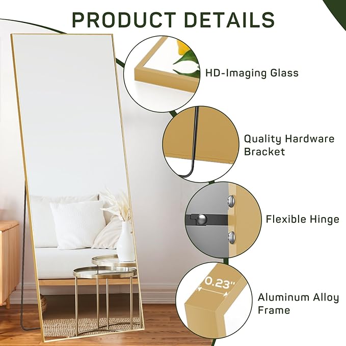 Zibbizo Mirror Full Length, 21"x64" Body Wall Mirrors with Shatter-Proof Glass, Floor Standing, Hanging or Leaning, Large Tall Mirror with Stand Aluminum Alloy Frame for Bedroom Cloakroom