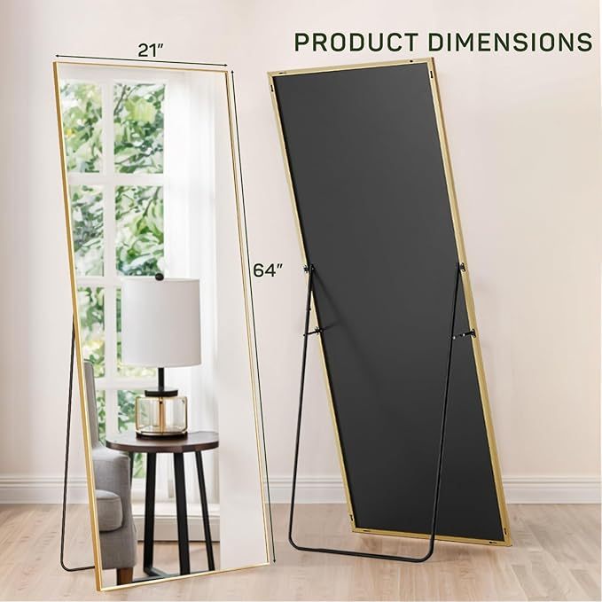 Zibbizo Mirror Full Length, 21"x64" Body Wall Mirrors with Shatter-Proof Glass, Floor Standing, Hanging or Leaning, Large Tall Mirror with Stand Aluminum Alloy Frame for Bedroom Cloakroom