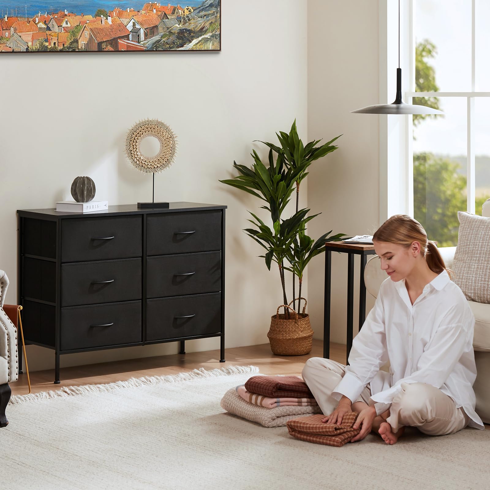 Dresser TV Stand, Console Table with 6 Wide Drawers, Entertainment Center for 55" TV Storage Fabric Dresser Drawer--Best Sellers,Bedroom,Bedroom Cabinet,Living Room,Living Room Cabinet