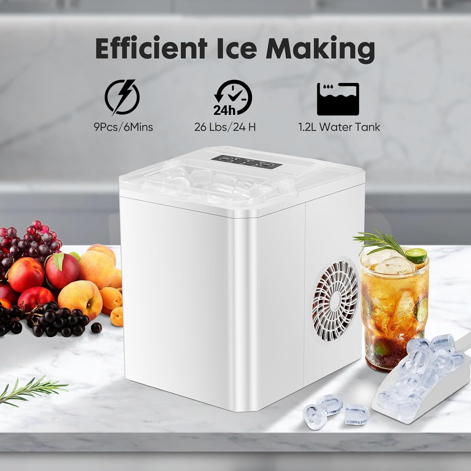 Ice Maker, Portable Countertop Icemaker Machine, Self Cleaning Quiet 2 Sizes Bullet Cubes Makers, 9 Cubes in 6 Mins, 26lbs/24Hrs with Ice Scoop, Basket for Home Kitchen Party