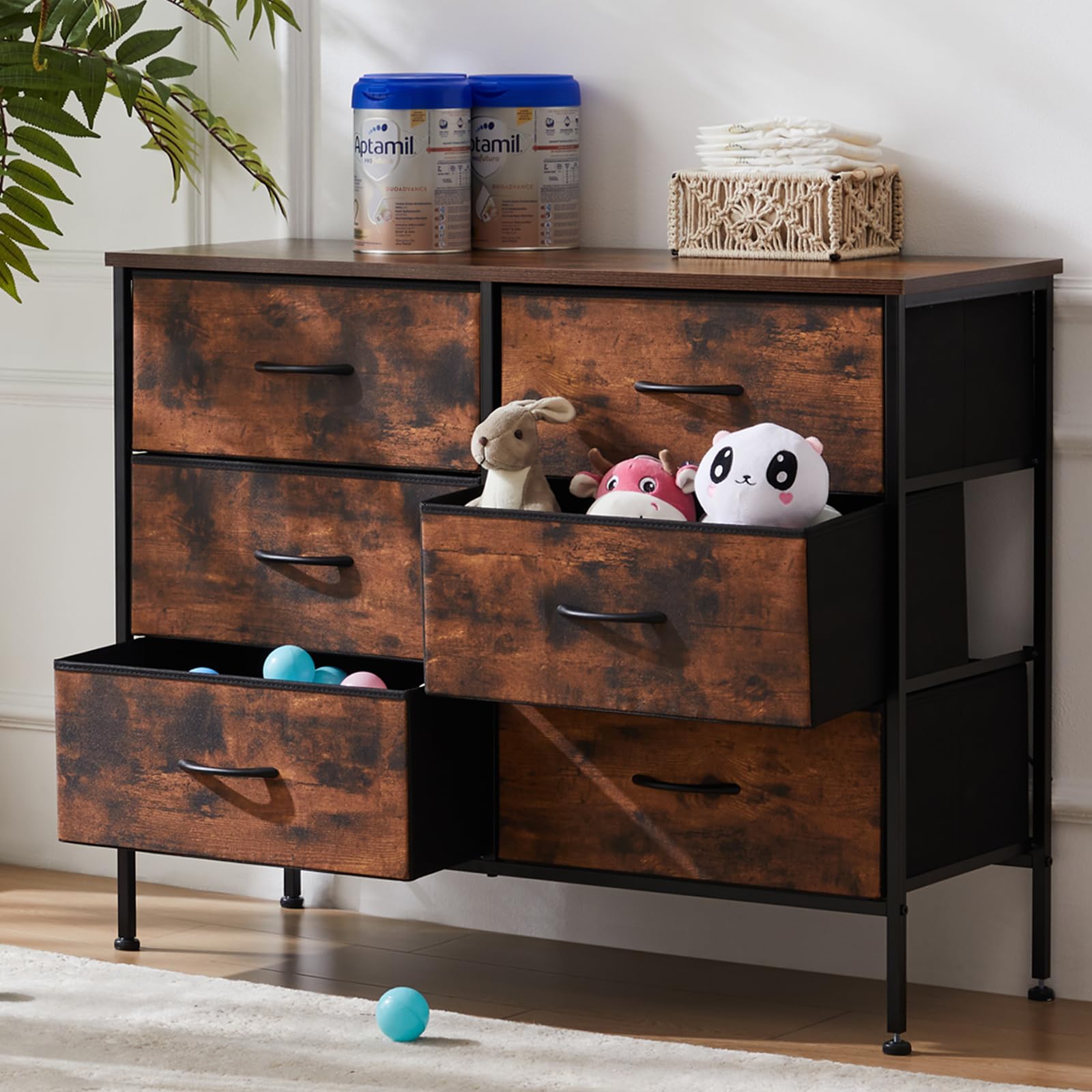 Dresser TV Stand, Console Table with 6 Wide Drawers, Entertainment Center for 55" TV Storage Fabric Dresser Drawer--Best Sellers,Bedroom,Bedroom Cabinet,Living Room,Living Room Cabinet