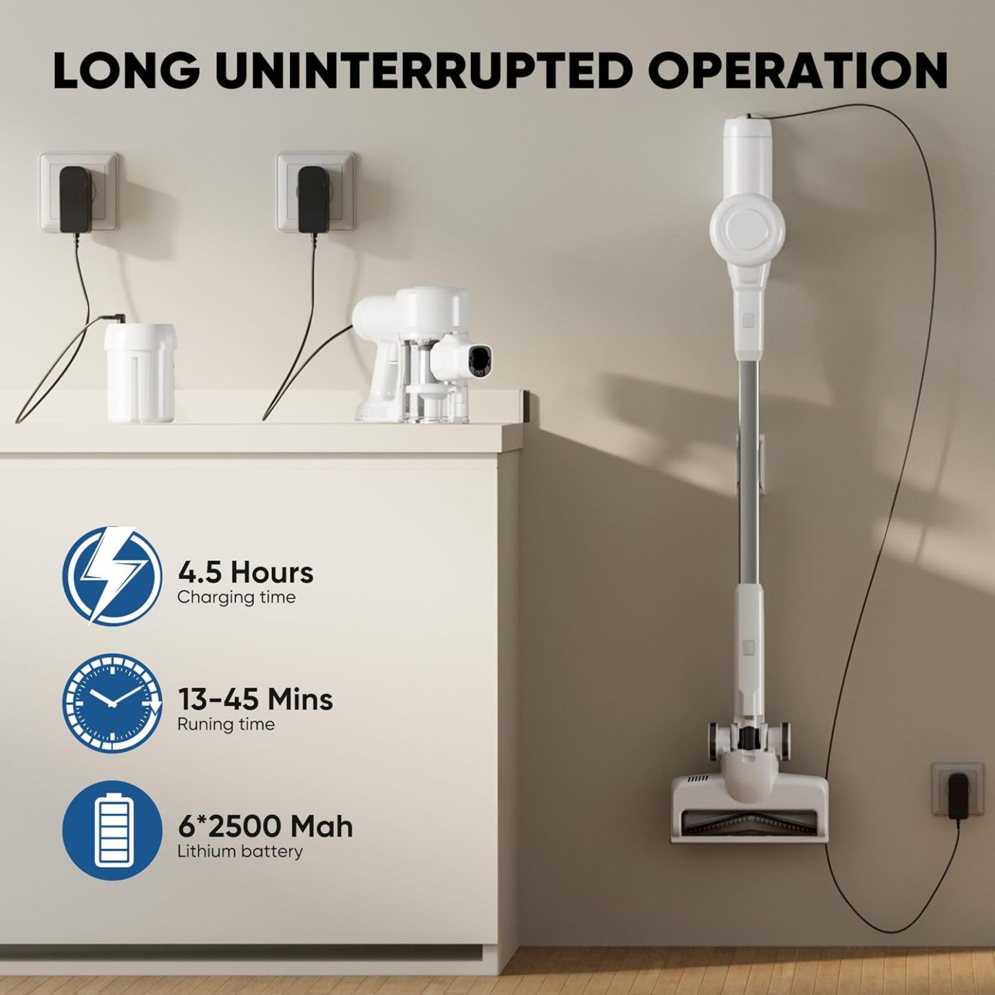 Cordless Stick Vacuum Cleaners for Home Rechargeable Lightweight for Hard Floor and Pet Hair Removal, Handheld Carpet Sweeper with Powerful Suction Up to 45 Minutes Runtime, White