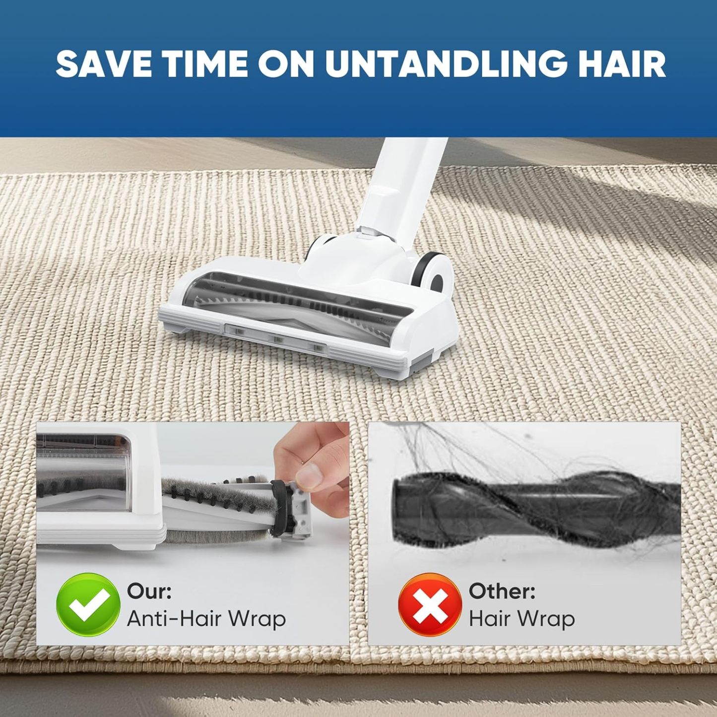 Cordless Stick Vacuum Cleaners for Home Rechargeable Lightweight for Hard Floor and Pet Hair Removal, Handheld Carpet Sweeper with Powerful Suction Up to 45 Minutes Runtime, White