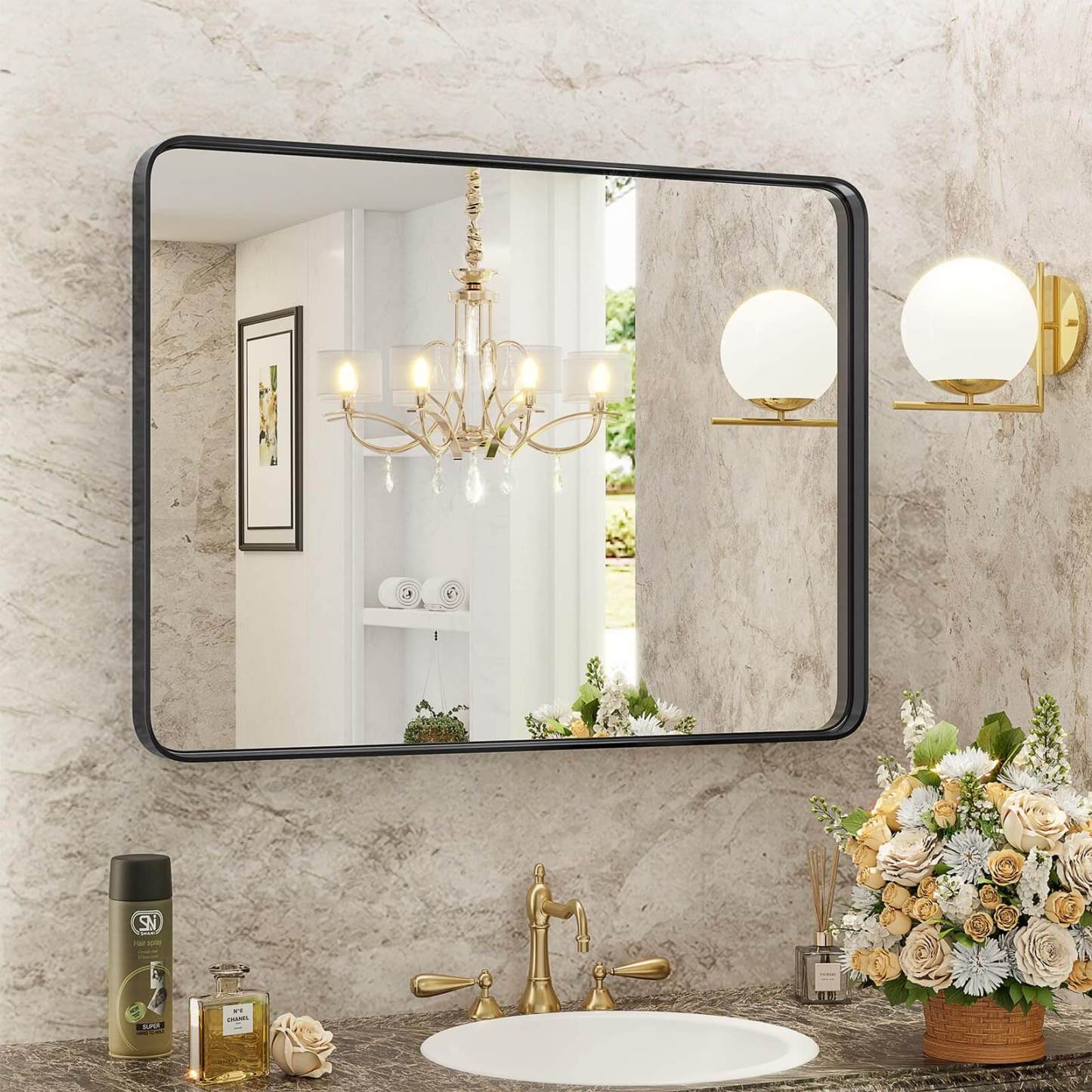 Bathroom Mirror Vanity Mirror for Wall,Aluminum Alloy Framed Wall Mirror Farmhouse,Anti-Rust,Tempered Glass--Living Room,Living Room Mirror
