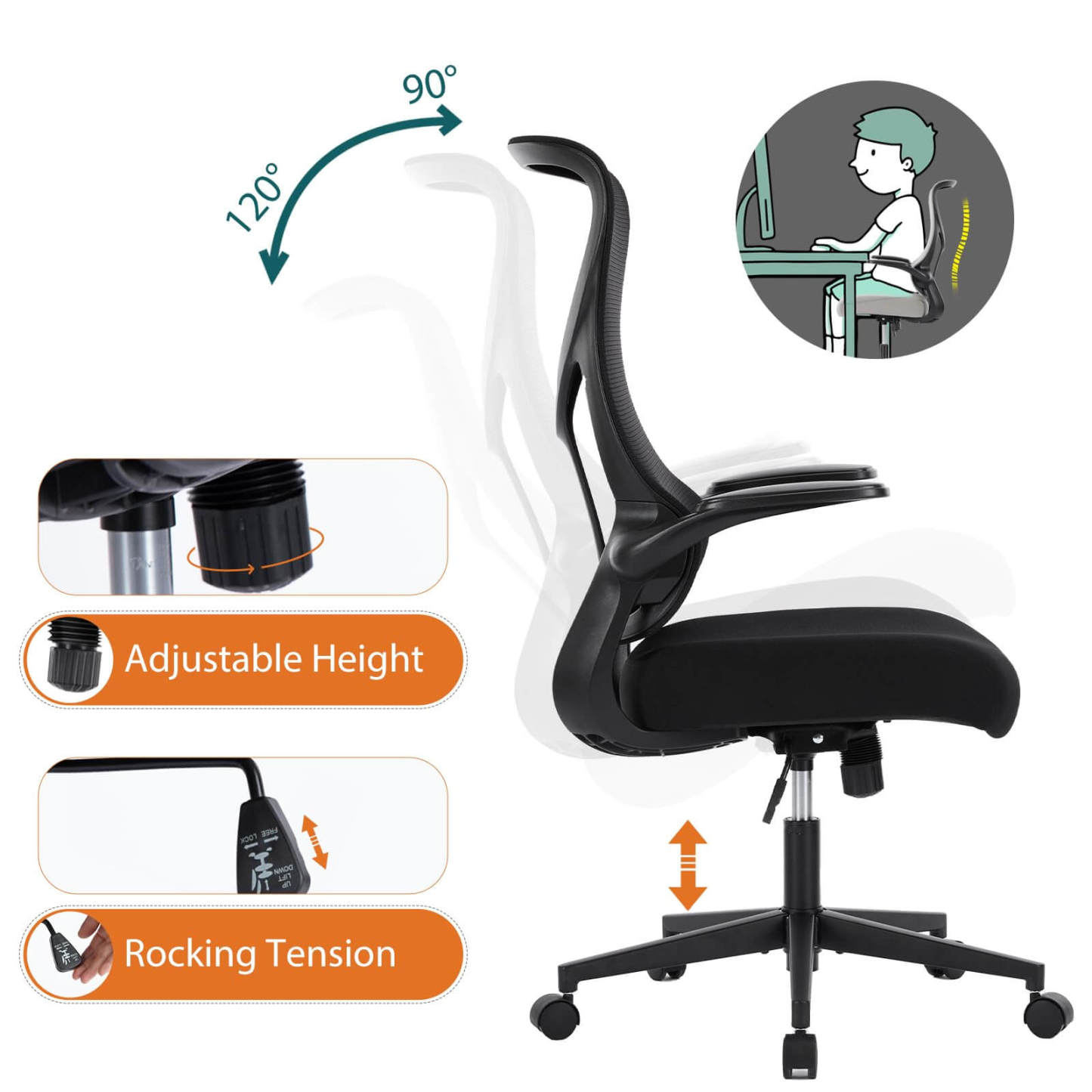 Ergonomic Computer Mesh Chair with Flip-up Armrests,Lumbar Support, Backrest for Home Office--Bedroom,Bedroom Chair,Home Office,Home Office Chair,Office,Office Chair1