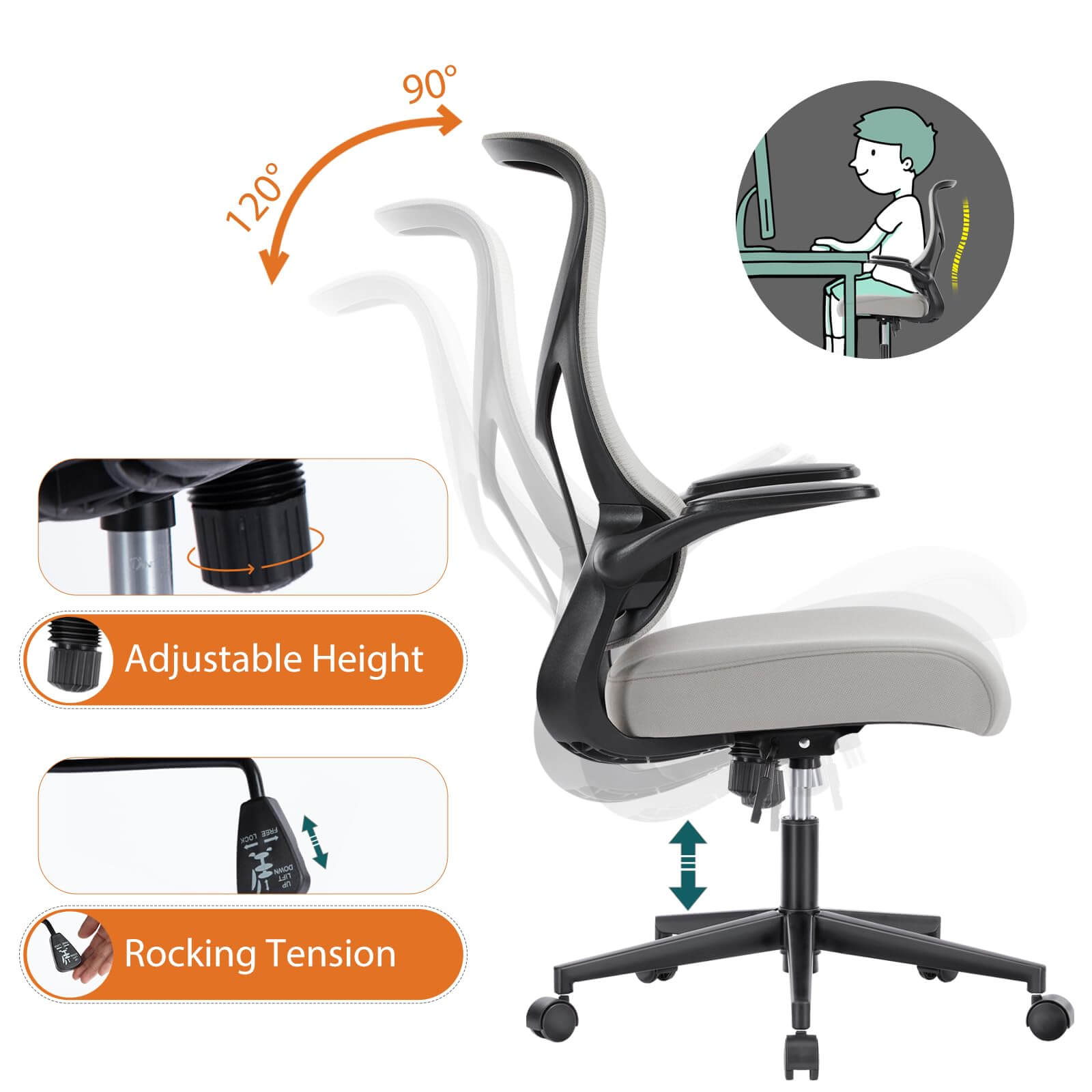 Ergonomic Computer Mesh Chair with Flip-up Armrests,Lumbar Support, Backrest for Home Office--Bedroom,Bedroom Chair,Home Office,Home Office Chair,Office,Office Chair1