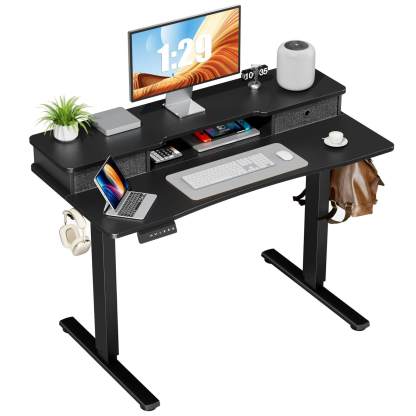 Electric Height Adjustable Standing Desk with Storage Shelf Double Drawer,  Sit to Stand Ergonomic Computer Desk--Best Sellers,Bedroom,Bedroom Desk,Electric Lift Desk,Home Office,Home Office Desk,Living Room,Living Room Desk,Office,Office Desk