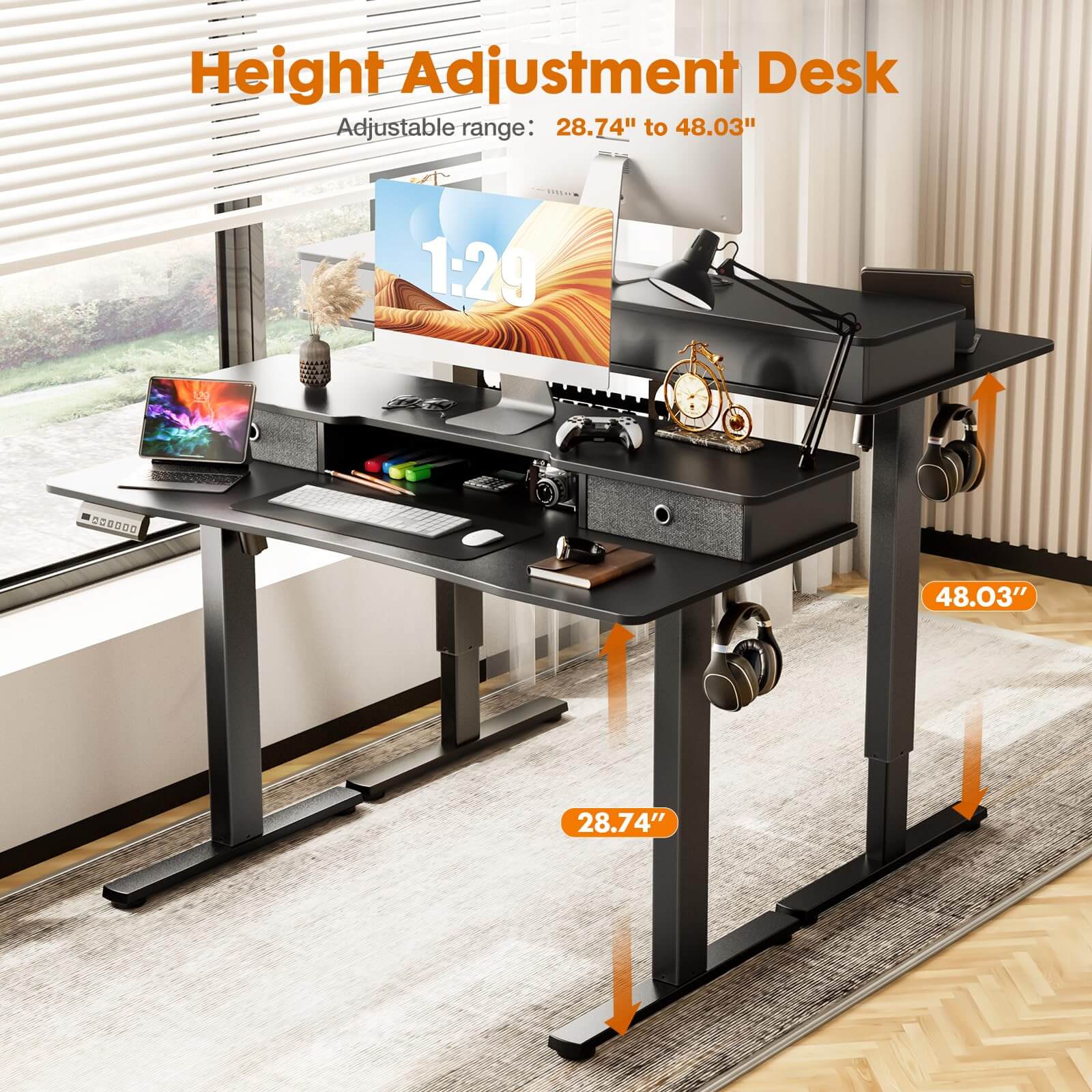 Electric Height Adjustable Standing Desk with Storage Shelf Double Drawer,  Sit to Stand Ergonomic Computer Desk--Best Sellers,Bedroom,Bedroom Desk,Electric Lift Desk,Home Office,Home Office Desk,Living Room,Living Room Desk,Office,Office Desk