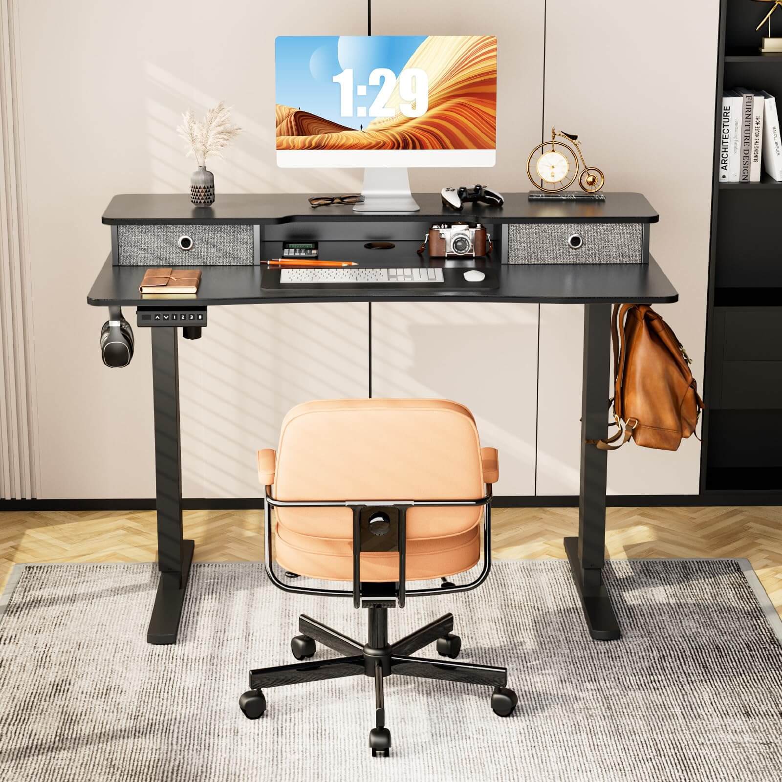 Electric Height Adjustable Standing Desk with Storage Shelf Double Drawer,  Sit to Stand Ergonomic Computer Desk--Best Sellers,Bedroom,Bedroom Desk,Electric Lift Desk,Home Office,Home Office Desk,Living Room,Living Room Desk,Office,Office Desk