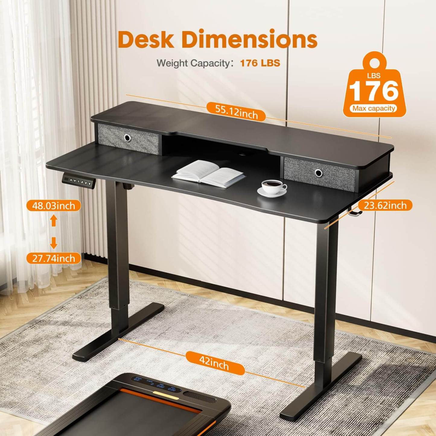 Electric Height Adjustable Standing Desk with Storage Shelf Double Drawer,  Sit to Stand Ergonomic Computer Desk--Best Sellers,Bedroom,Bedroom Desk,Electric Lift Desk,Home Office,Home Office Desk,Living Room,Living Room Desk,Office,Office Desk