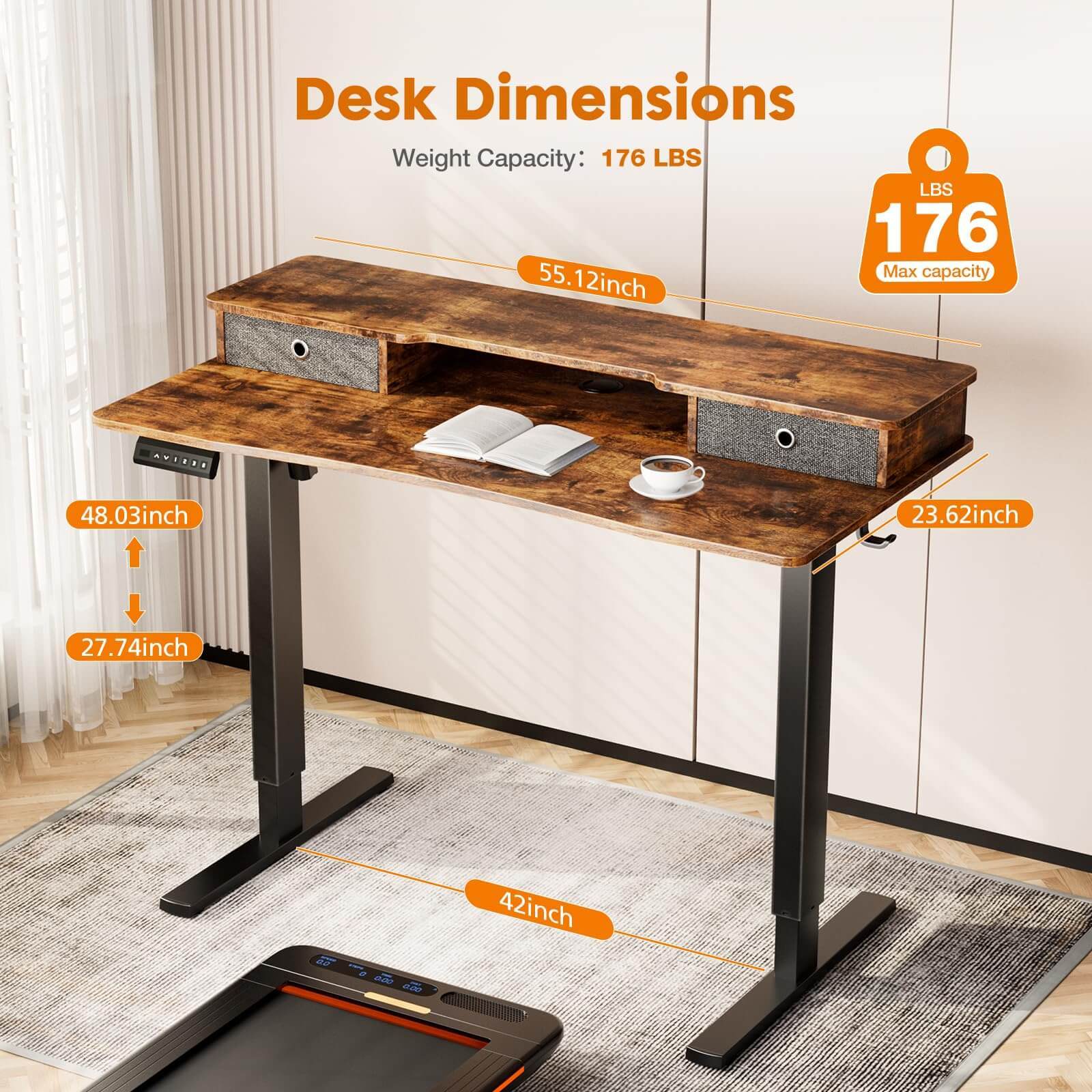 Electric Height Adjustable Standing Desk with Storage Shelf Double Drawer,  Sit to Stand Ergonomic Computer Desk--Best Sellers,Bedroom,Bedroom Desk,Electric Lift Desk,Home Office,Home Office Desk,Living Room,Living Room Desk,Office,Office Desk