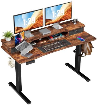 Electric Height Adjustable Standing Desk with Storage Shelf Double Drawer,  Sit to Stand Ergonomic Computer Desk--Best Sellers,Bedroom,Bedroom Desk,Electric Lift Desk,Home Office,Home Office Desk,Living Room,Living Room Desk,Office,Office Desk