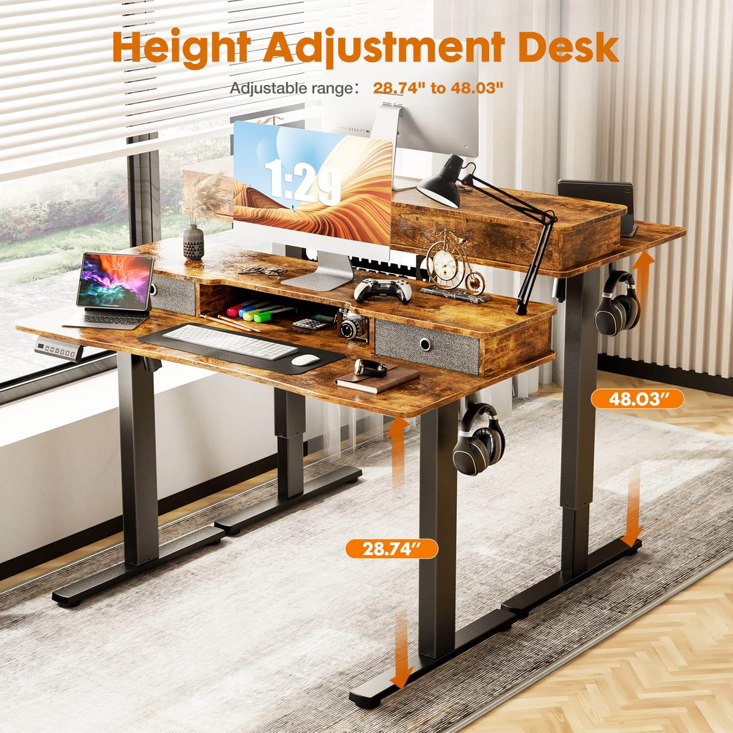 Electric Height Adjustable Standing Desk with Storage Shelf Double Drawer,  Sit to Stand Ergonomic Computer Desk--Best Sellers,Bedroom,Bedroom Desk,Electric Lift Desk,Home Office,Home Office Desk,Living Room,Living Room Desk,Office,Office Desk