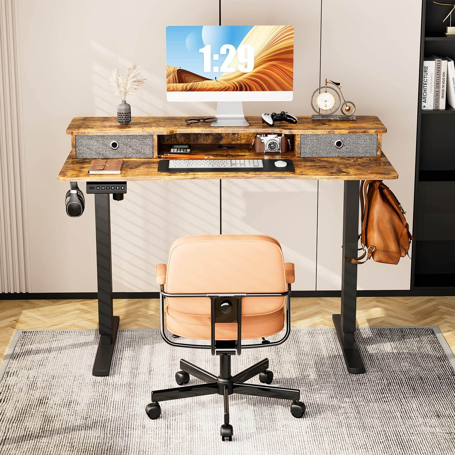 Electric Height Adjustable Standing Desk with Storage Shelf Double Drawer,  Sit to Stand Ergonomic Computer Desk--Best Sellers,Bedroom,Bedroom Desk,Electric Lift Desk,Home Office,Home Office Desk,Living Room,Living Room Desk,Office,Office Desk