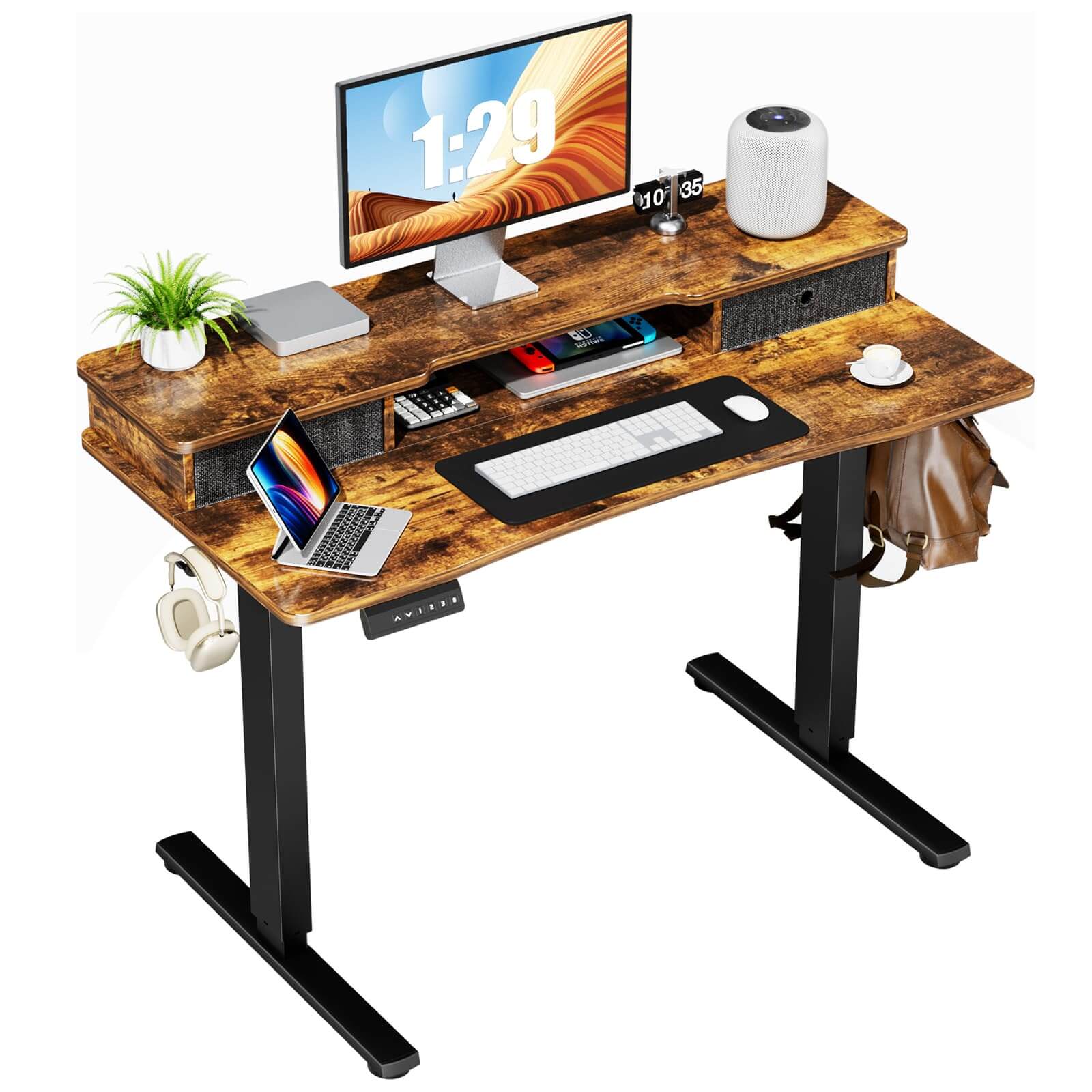 Electric Height Adjustable Standing Desk with Storage Shelf Double Drawer,  Sit to Stand Ergonomic Computer Desk--Best Sellers,Bedroom,Bedroom Desk,Electric Lift Desk,Home Office,Home Office Desk,Living Room,Living Room Desk,Office,Office Desk