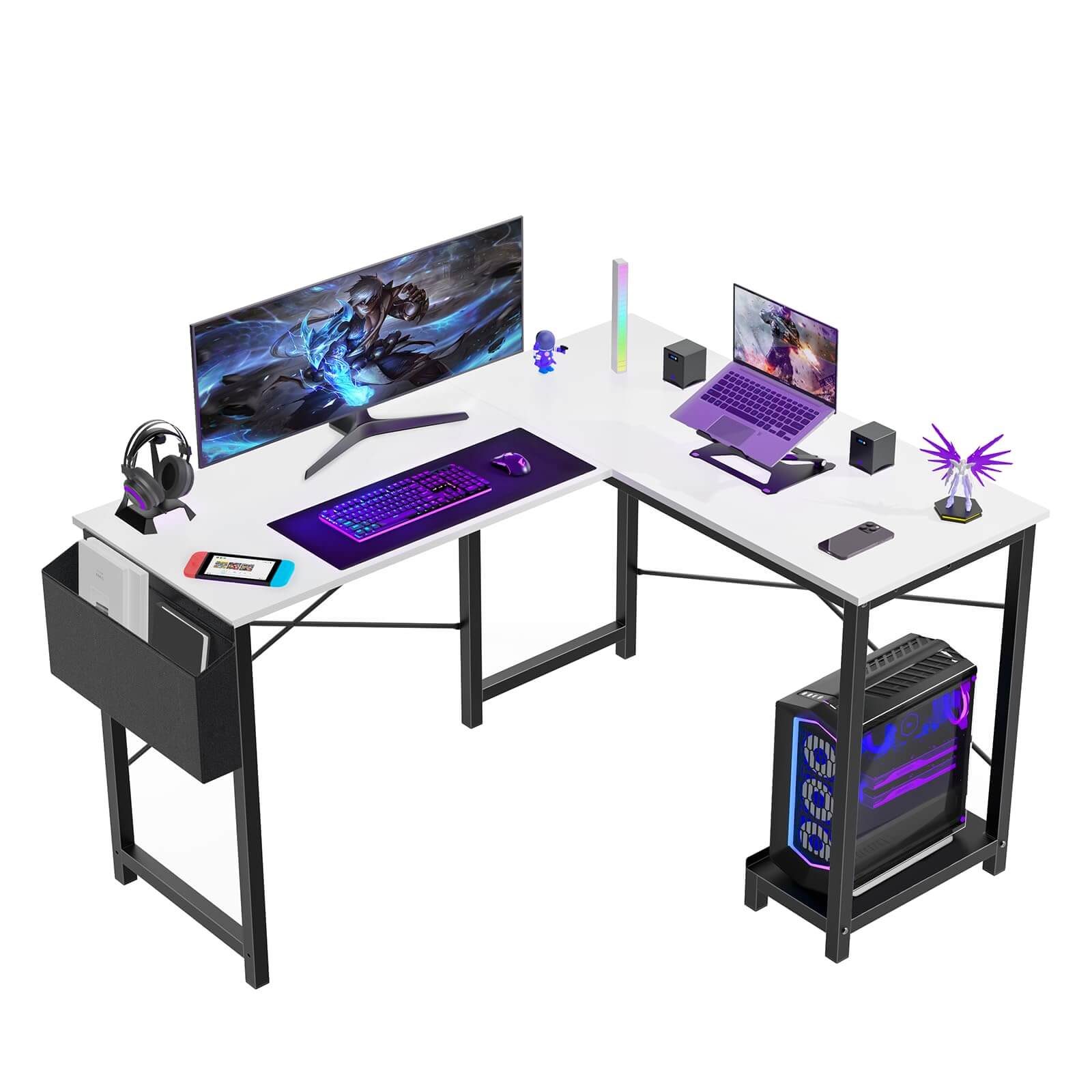 L Shaped Gaming Desk, Corner Desks with CPU Stand Side Bag for Home Office Dorm Sturdy--Bedroom,Bedroom Desk,Home Office,Home Office Desk,Living Room,Living Room Desk