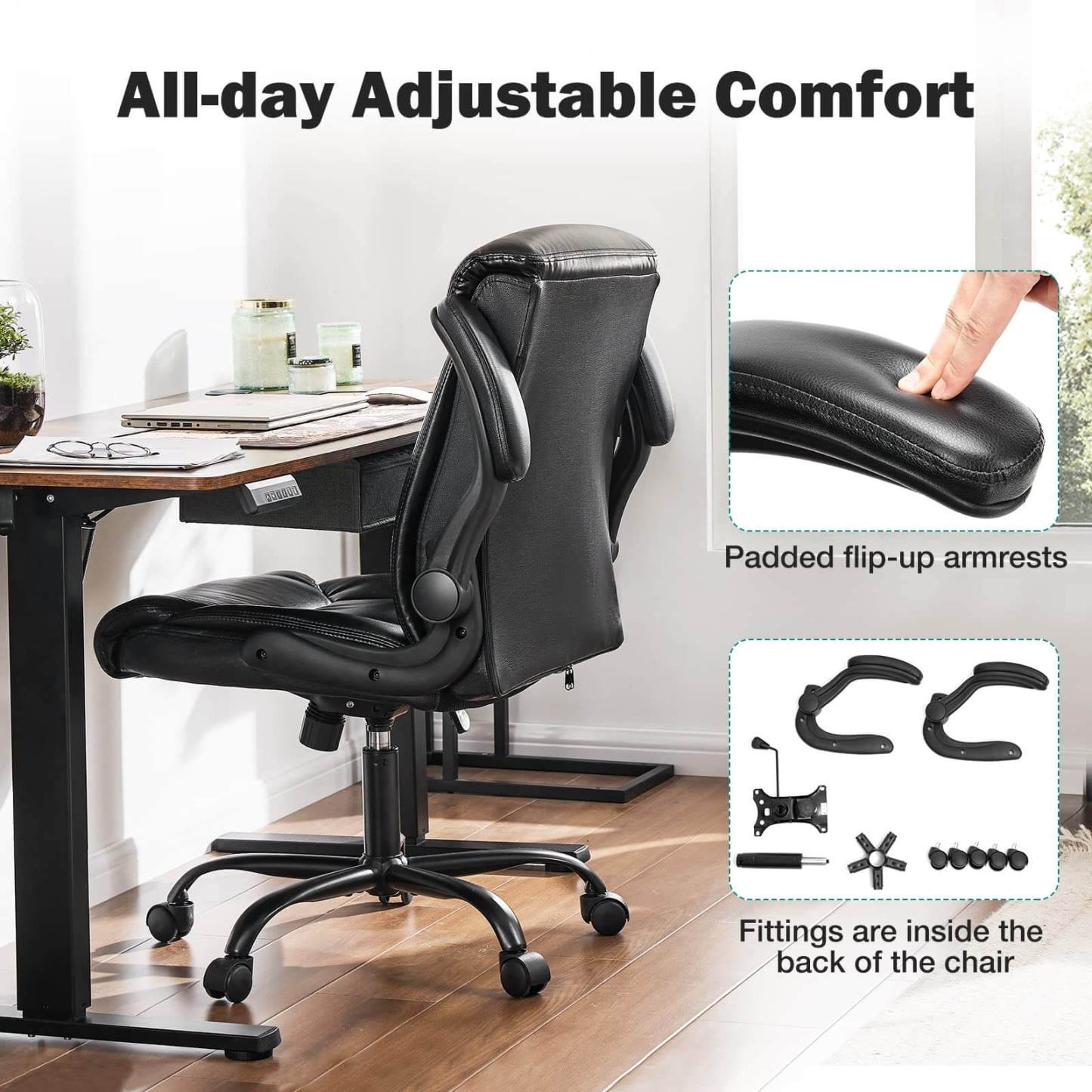 Sweetcrispy Leather Ergonomic Adjustable Computer Office Chair with Flip-up Armrest, Cushion Lumbar Back Support--Bedroom,Bedroom Chair,Home Office,Home Office Chair,Office,Office chair,Office Chair1