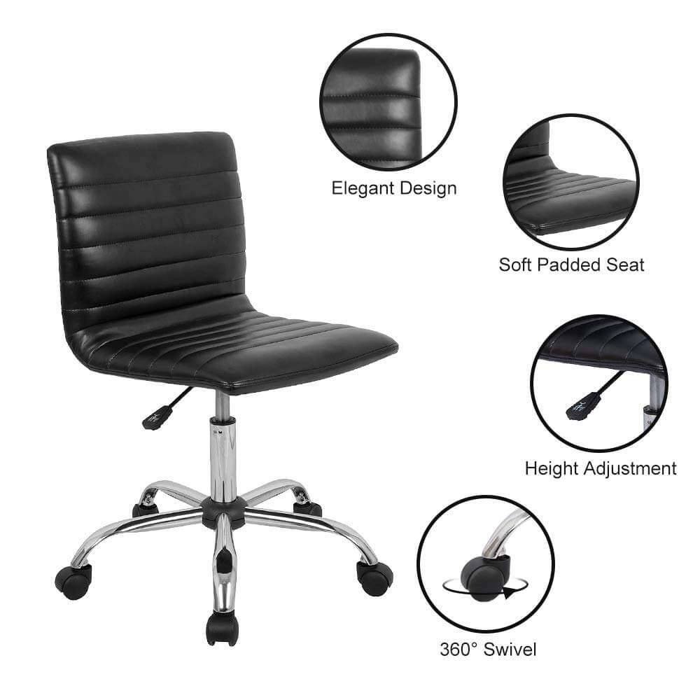 Leather Swivel Armless Mid Back Ribbed Office Chair for Adult Child, Height adjustable Vanity Chair--Home Office,Home Office Chair,kitchen & Dining,Living Room,Living Room Chair,Office,Office chair,Office Chair1