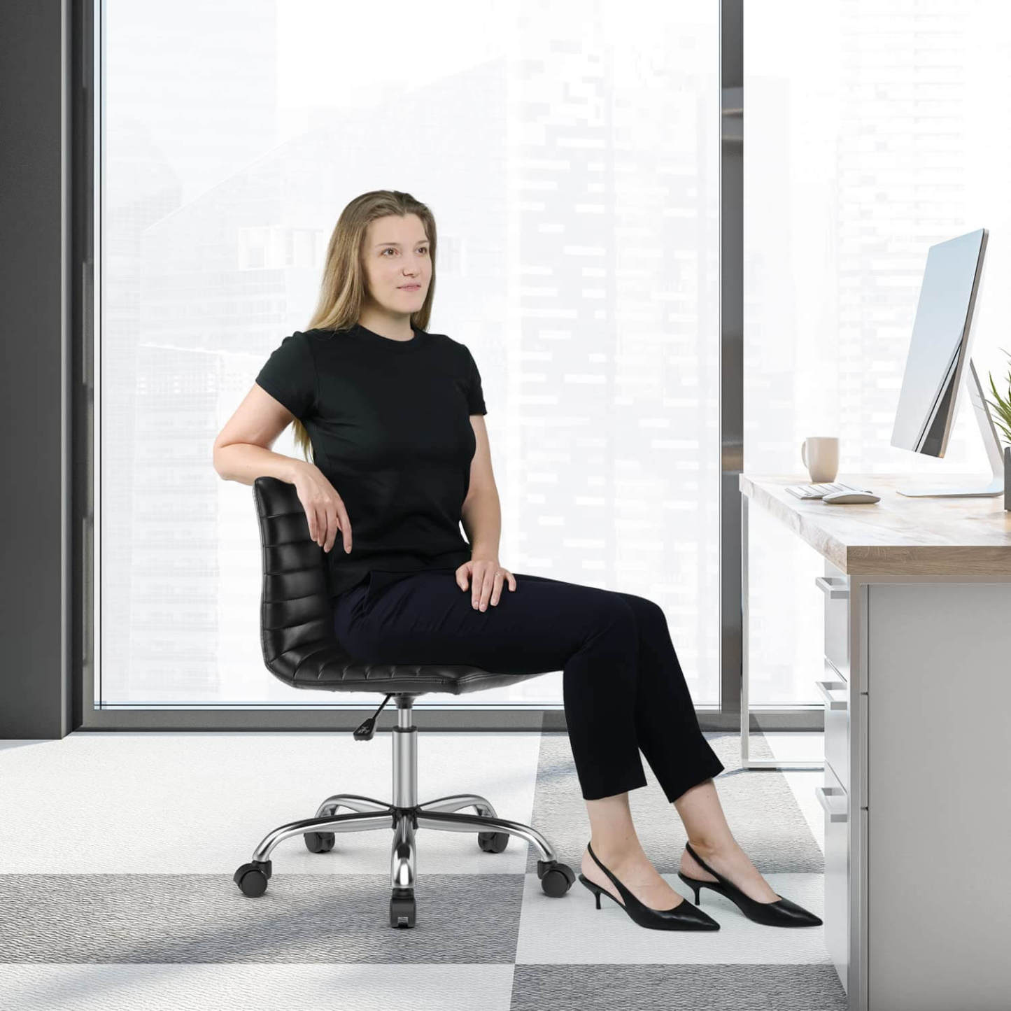 Leather Swivel Armless Mid Back Ribbed Office Chair for Adult Child, Height adjustable Vanity Chair--Home Office,Home Office Chair,kitchen & Dining,Living Room,Living Room Chair,Office,Office chair,Office Chair1