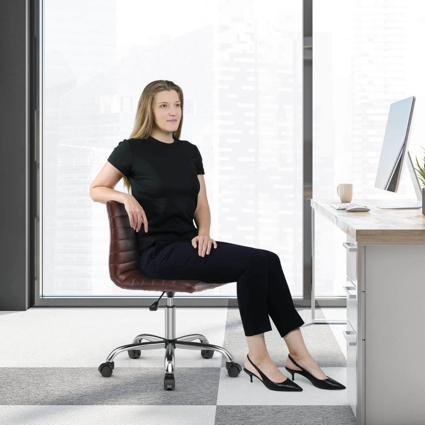 Leather Swivel Armless Mid Back Ribbed Office Chair for Adult Child, Height adjustable Vanity Chair--Home Office,Home Office Chair,kitchen & Dining,Living Room,Living Room Chair,Office,Office chair,Office Chair1