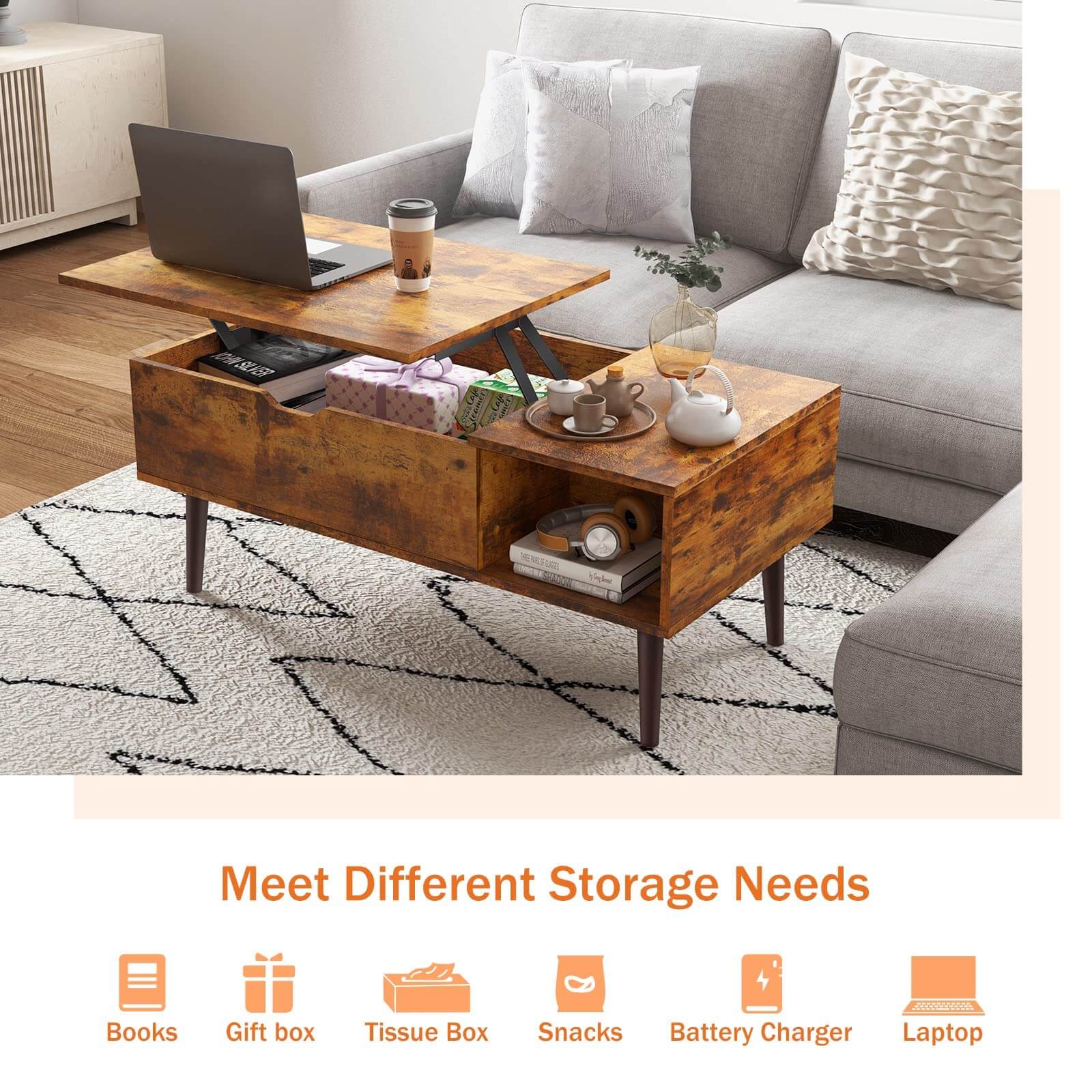 Lift Tabletop Coffee Tables for Living Room with Storage Shelf and Hidden Compartment--Best Sellers,Living Room,Living Room Cabinet