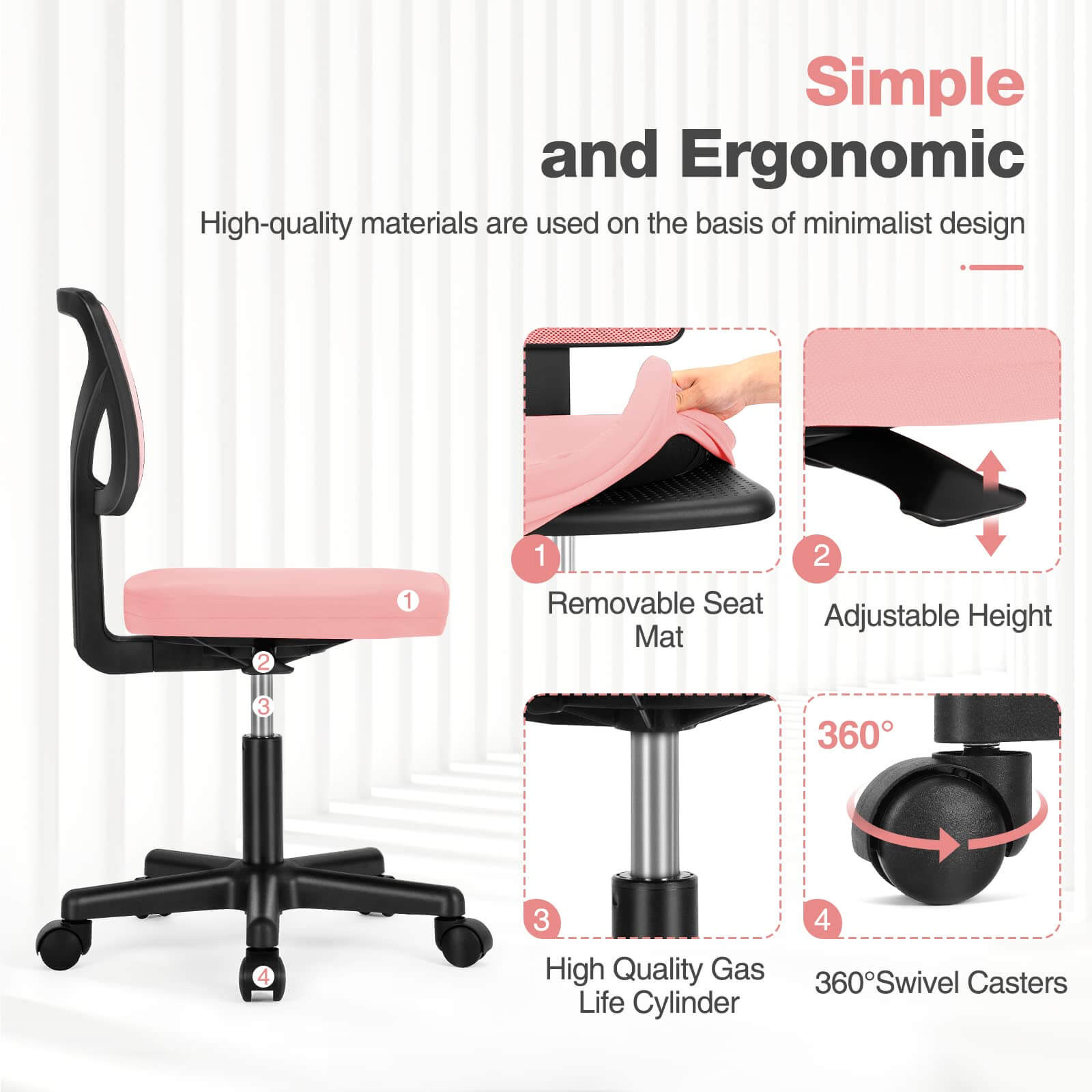 Low-Back Mesh Armless Office Chair,Swivel Rolling Computer Chair No Arms with Lumbar Support--Bedroom,Bedroom Chair,Home Office,Home Office Chair,kitchen & Dining,Office,Office chair,Office Chair1