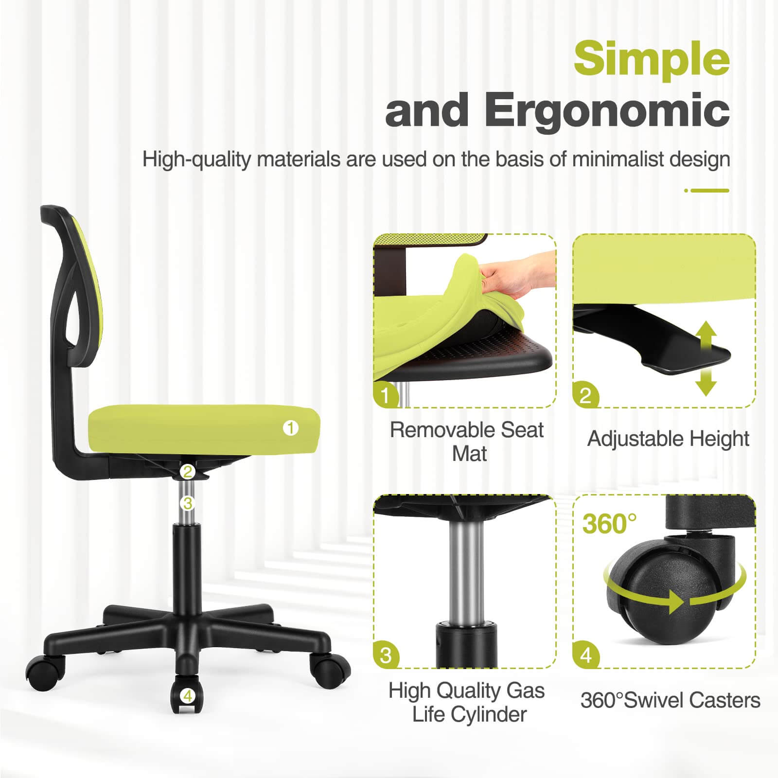 Low-Back Mesh Armless Office Chair,Swivel Rolling Computer Chair No Arms with Lumbar Support--Bedroom,Bedroom Chair,Home Office,Home Office Chair,kitchen & Dining,Office,Office chair,Office Chair1