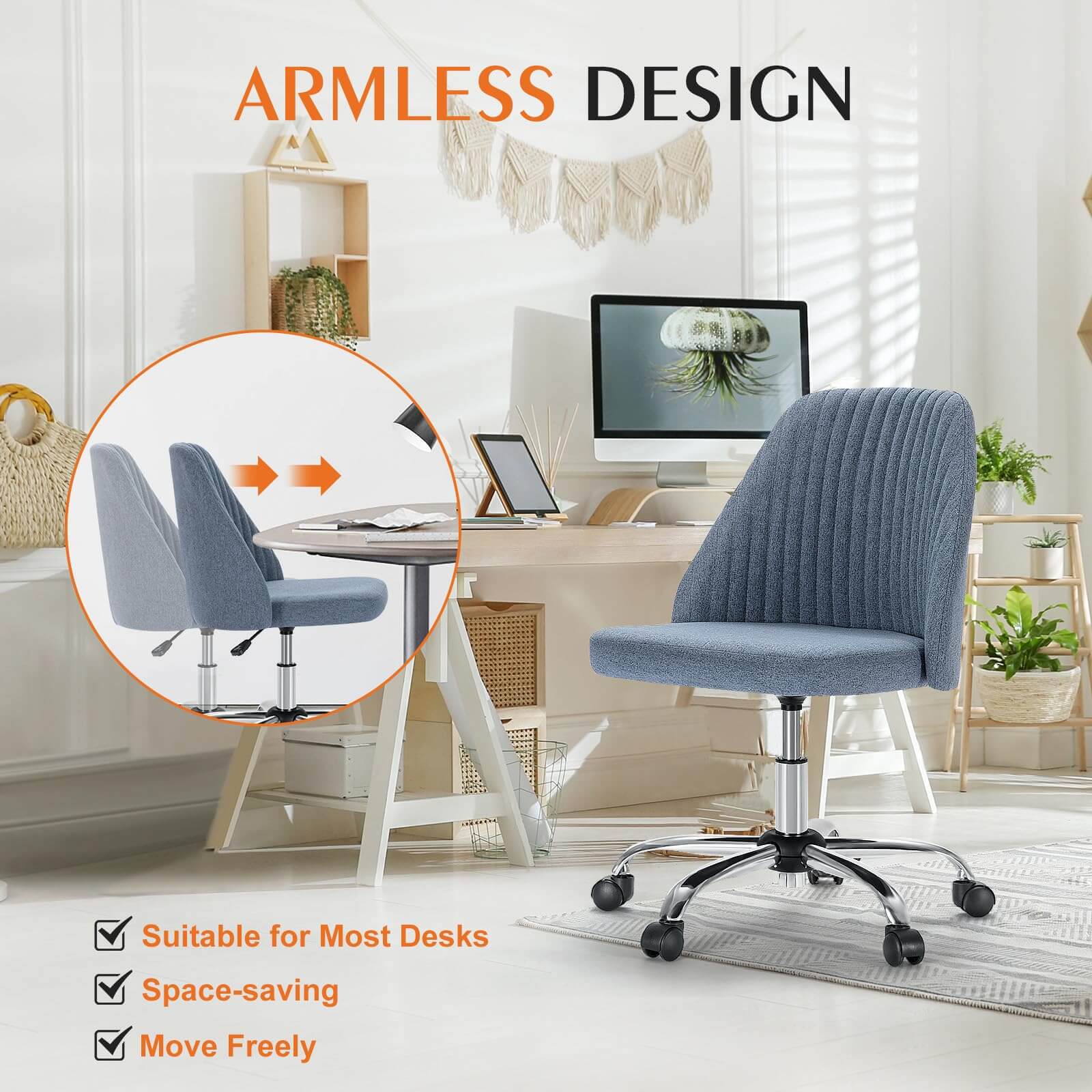 Modern Fabric Armless Adjustable Swivel Office Desk Chairs with Wheels--Bedroom,Bedroom Chair,Home Office,Home Office Chair,Living Room,Living Room Chair,Office,Office chair,Office Chair1