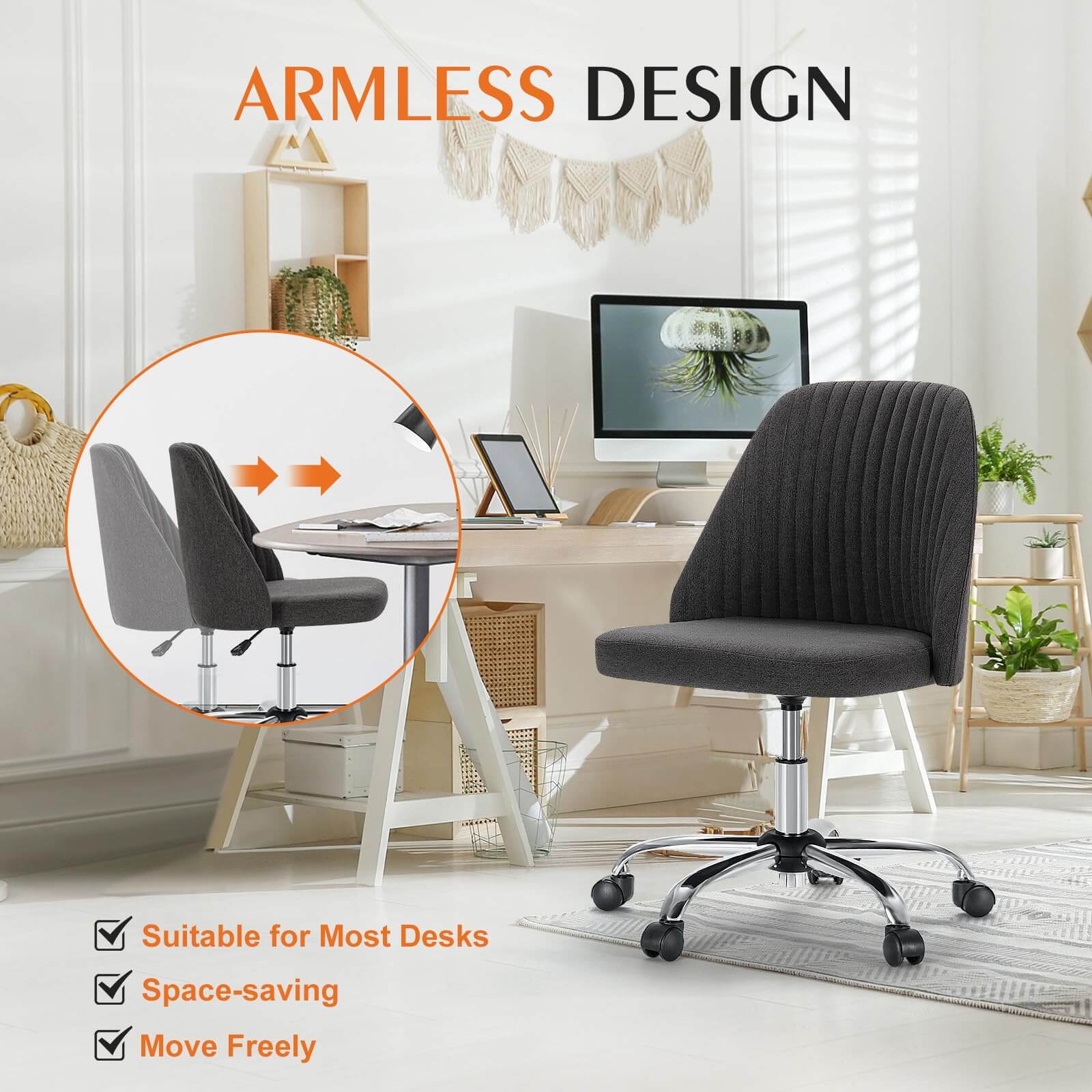 Modern Fabric Armless Adjustable Swivel Office Desk Chairs with Wheels--Bedroom,Bedroom Chair,Home Office,Home Office Chair,Living Room,Living Room Chair,Office,Office chair,Office Chair1