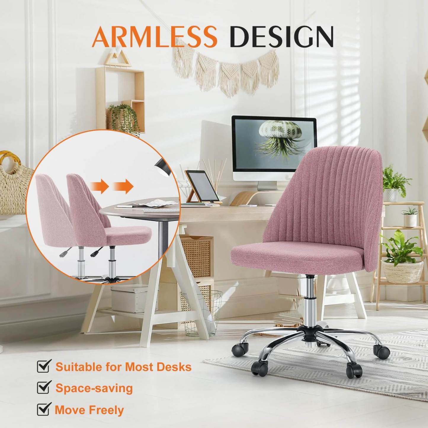 Modern Fabric Armless Adjustable Swivel Office Desk Chairs with Wheels--Bedroom,Bedroom Chair,Home Office,Home Office Chair,Living Room,Living Room Chair,Office,Office chair,Office Chair1