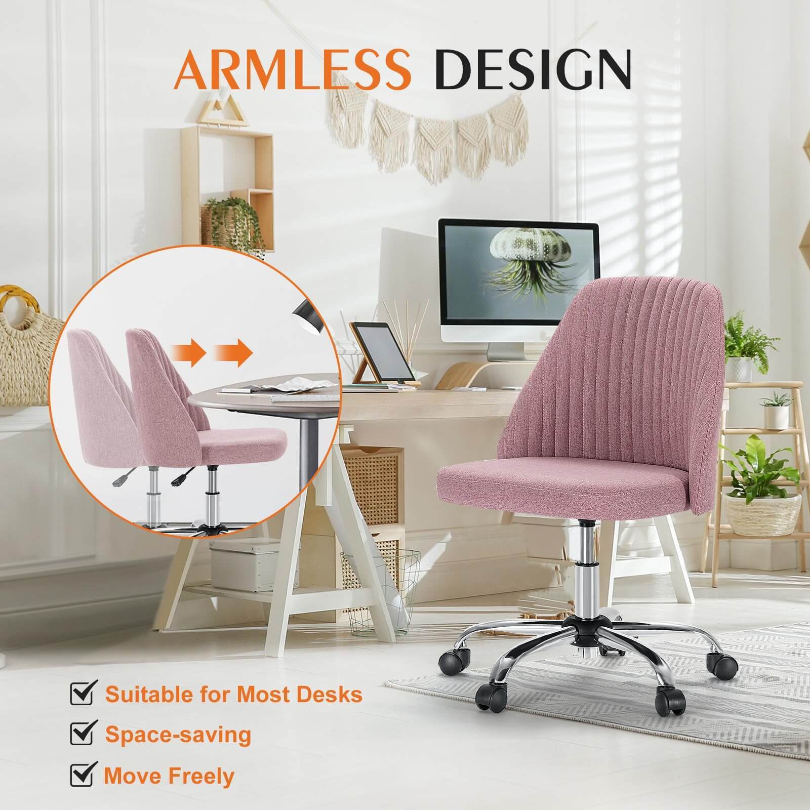 Modern Fabric Armless Adjustable Swivel Office Desk Chairs with Wheels--Bedroom,Bedroom Chair,Home Office,Home Office Chair,Living Room,Living Room Chair,Office,Office chair,Office Chair1