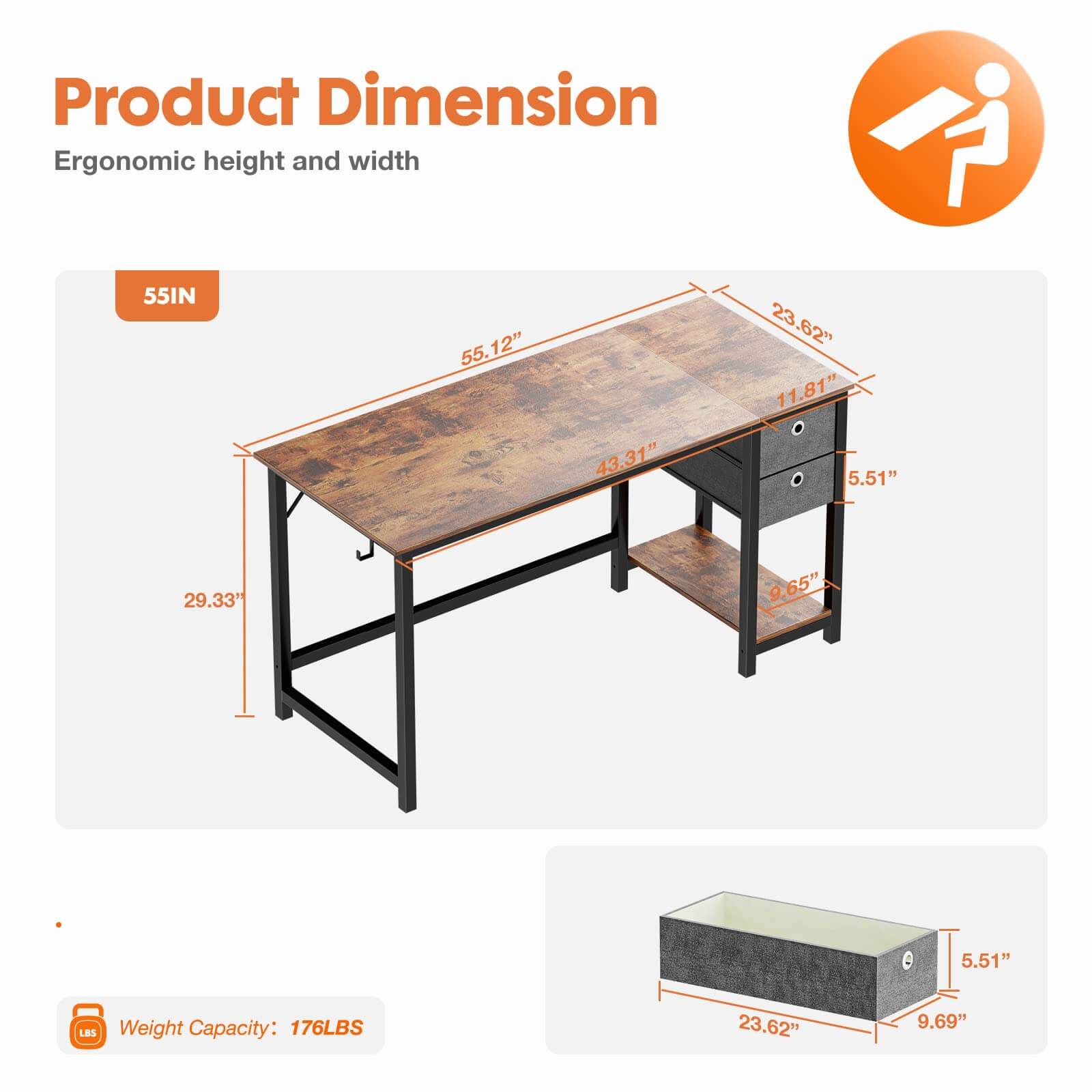Modern Simple Style Home Office Writing Desk with 2-Tier Drawers Storage Shelf Headphone Hook--Bedroom,Bedroom Desk,Home Office,Home Office Desk,Office,Office chair,Office Desk