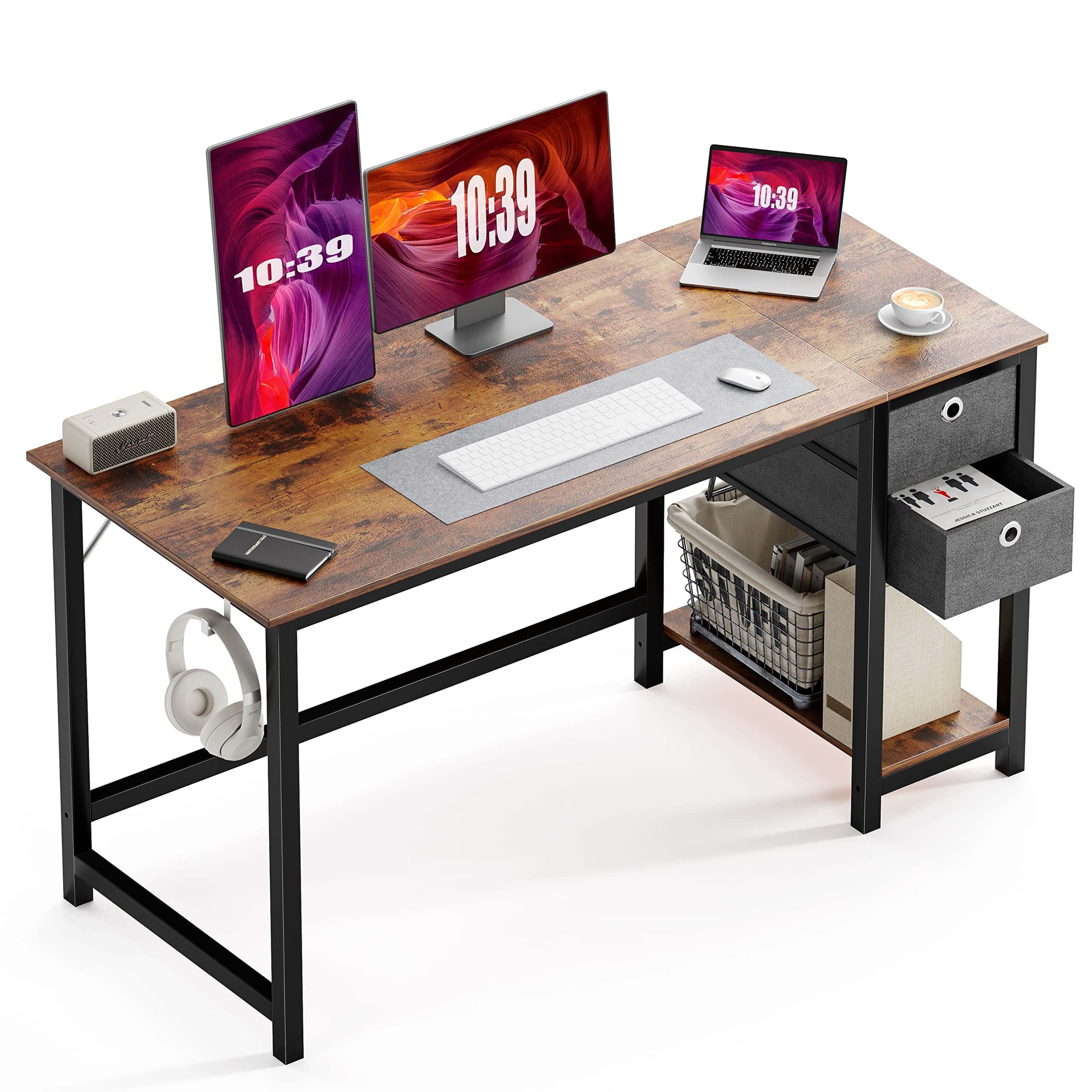 Modern Simple Style Home Office Writing Desk with 2-Tier Drawers Storage Shelf Headphone Hook--Bedroom,Bedroom Desk,Home Office,Home Office Desk,Office,Office chair,Office Desk