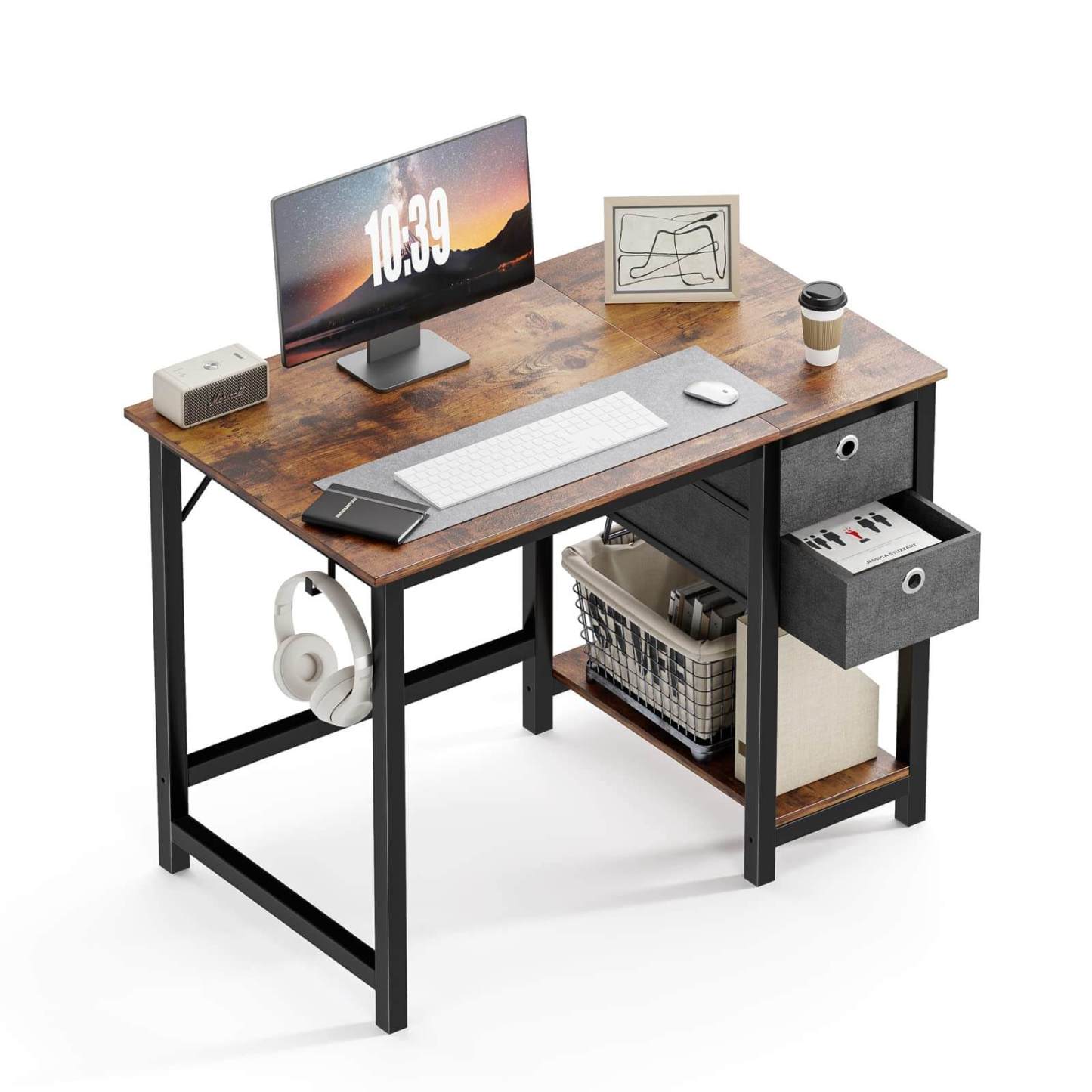 Modern Simple Style Home Office Writing Desk with 2-Tier Drawers Storage Shelf Headphone Hook--Bedroom,Bedroom Desk,Home Office,Home Office Desk,Office,Office chair,Office Desk