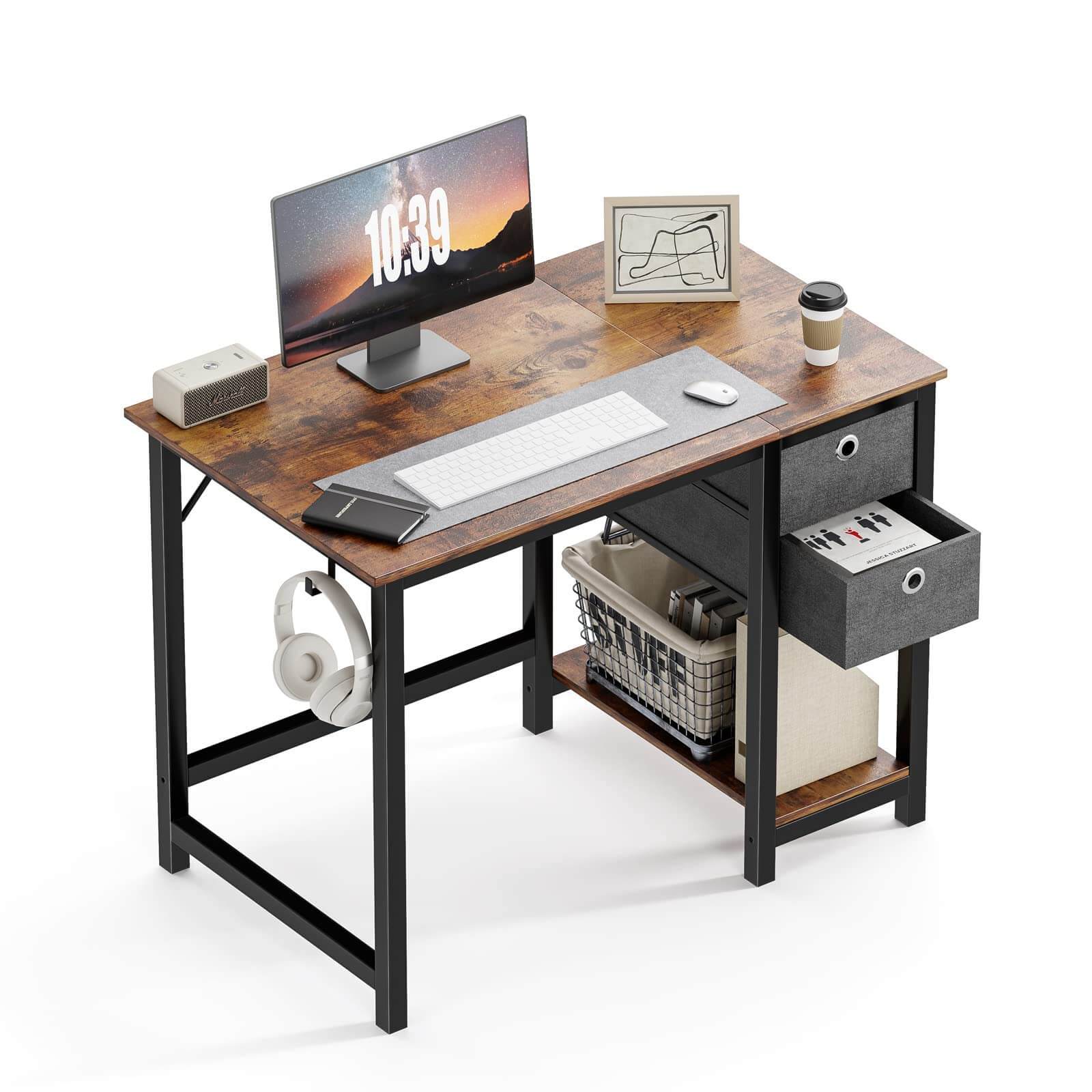 Modern Simple Style Home Office Writing Desk with 2-Tier Drawers Storage Shelf Headphone Hook--Bedroom,Bedroom Desk,Home Office,Home Office Desk,Office,Office chair,Office Desk