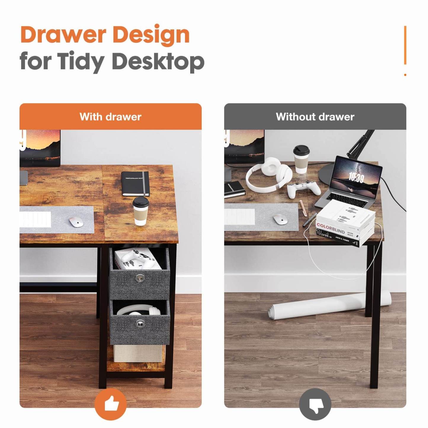 Modern Simple Style Home Office Writing Desk with 2-Tier Drawers Storage Shelf Headphone Hook--Bedroom,Bedroom Desk,Home Office,Home Office Desk,Office,Office chair,Office Desk