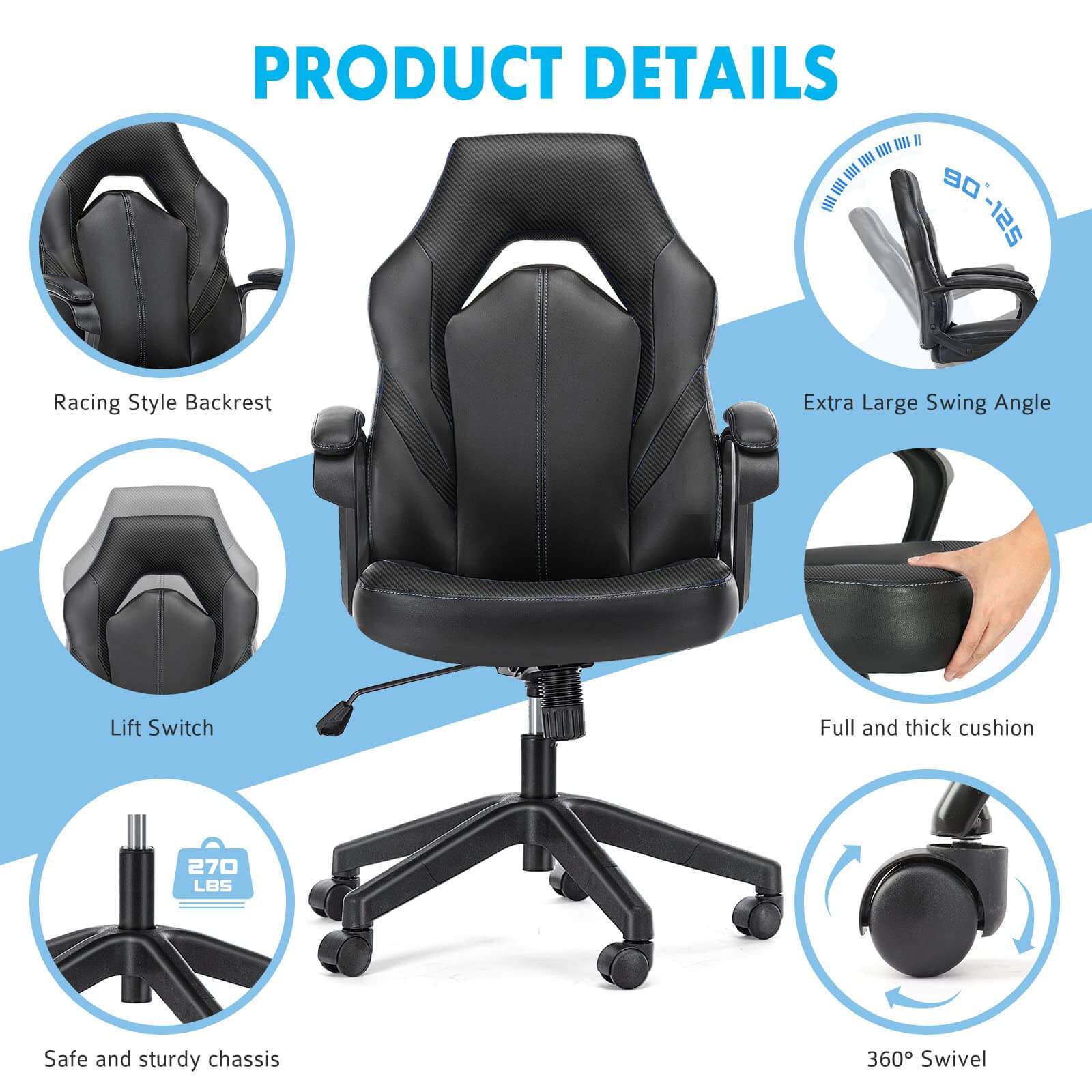 PU Leather Ergonomic Office Chair Swivel Computer Gaming Chair with Lumbar Support--Bedroom,Bedroom Chair,Home Office,Home Office Chair,Office,Office chair,Office Chair1