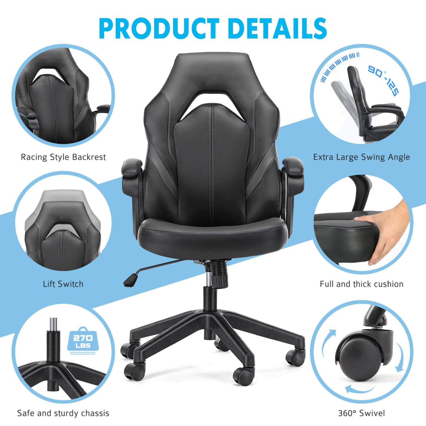 PU Leather Ergonomic Office Chair Swivel Computer Gaming Chair with Lumbar Support--Bedroom,Bedroom Chair,Home Office,Home Office Chair,Office,Office chair,Office Chair1