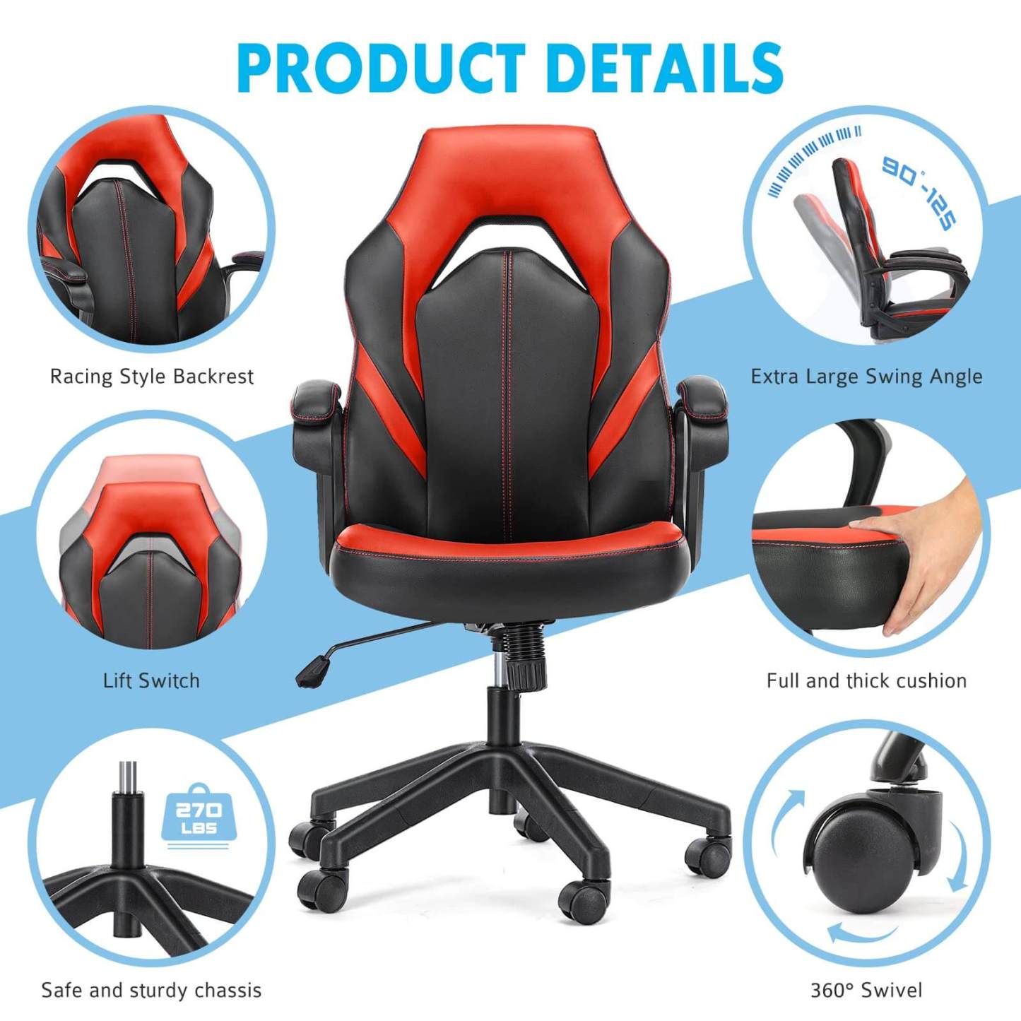 PU Leather Ergonomic Office Chair Swivel Computer Gaming Chair with Lumbar Support--Bedroom,Bedroom Chair,Home Office,Home Office Chair,Office,Office chair,Office Chair1