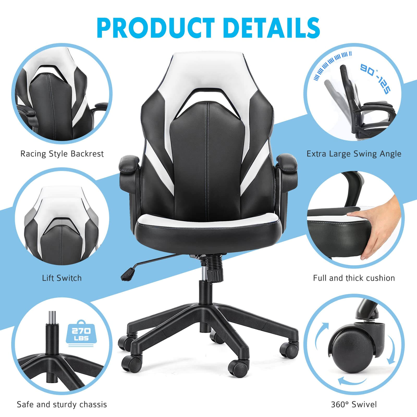 PU Leather Ergonomic Office Chair Swivel Computer Gaming Chair with Lumbar Support--Bedroom,Bedroom Chair,Home Office,Home Office Chair,Office,Office chair,Office Chair1
